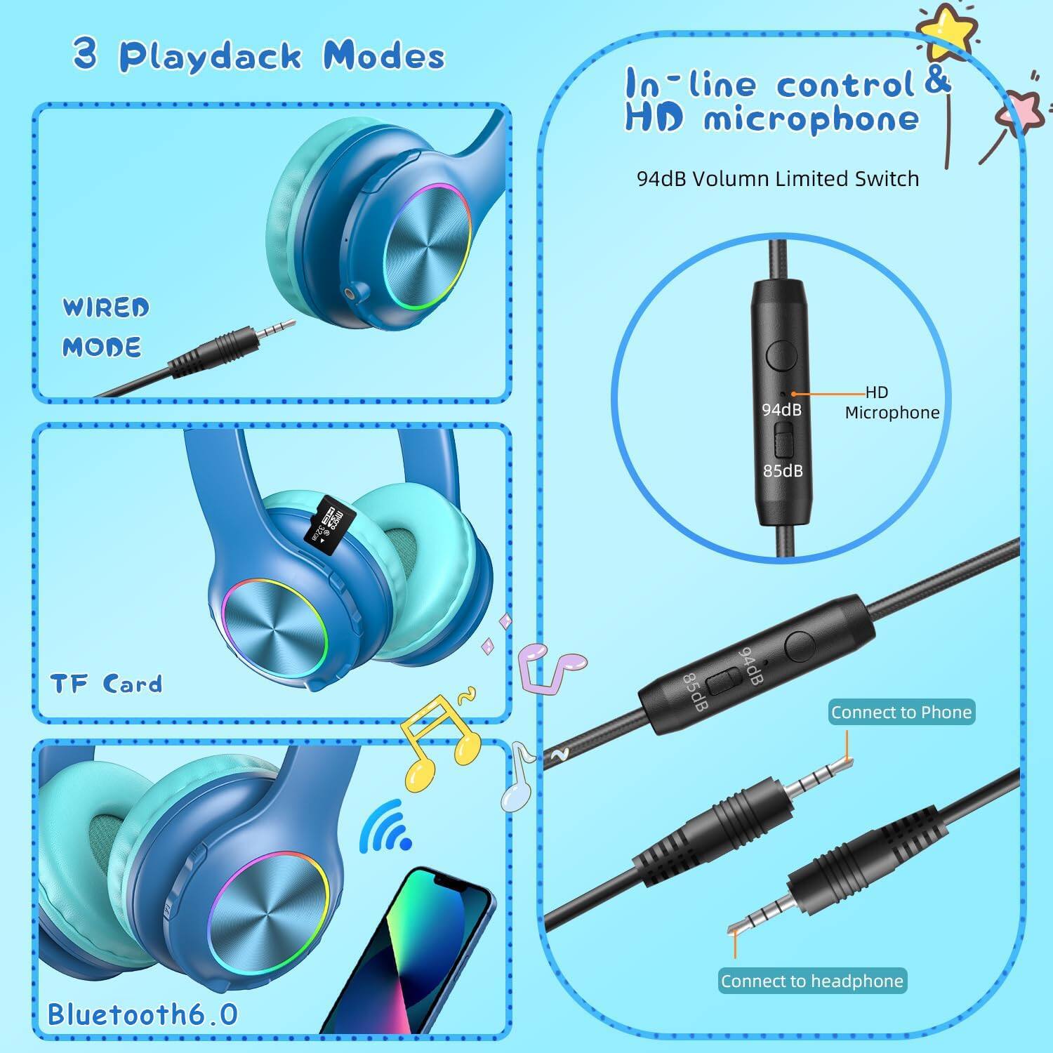 3 Playdack Modes

WIRED MODE

TF Card

Bluetooth6.0

In-line control & HD microphone

94dB Volume Limited Switch

94dB

85dB

Connect to Phone

Connect to headphone