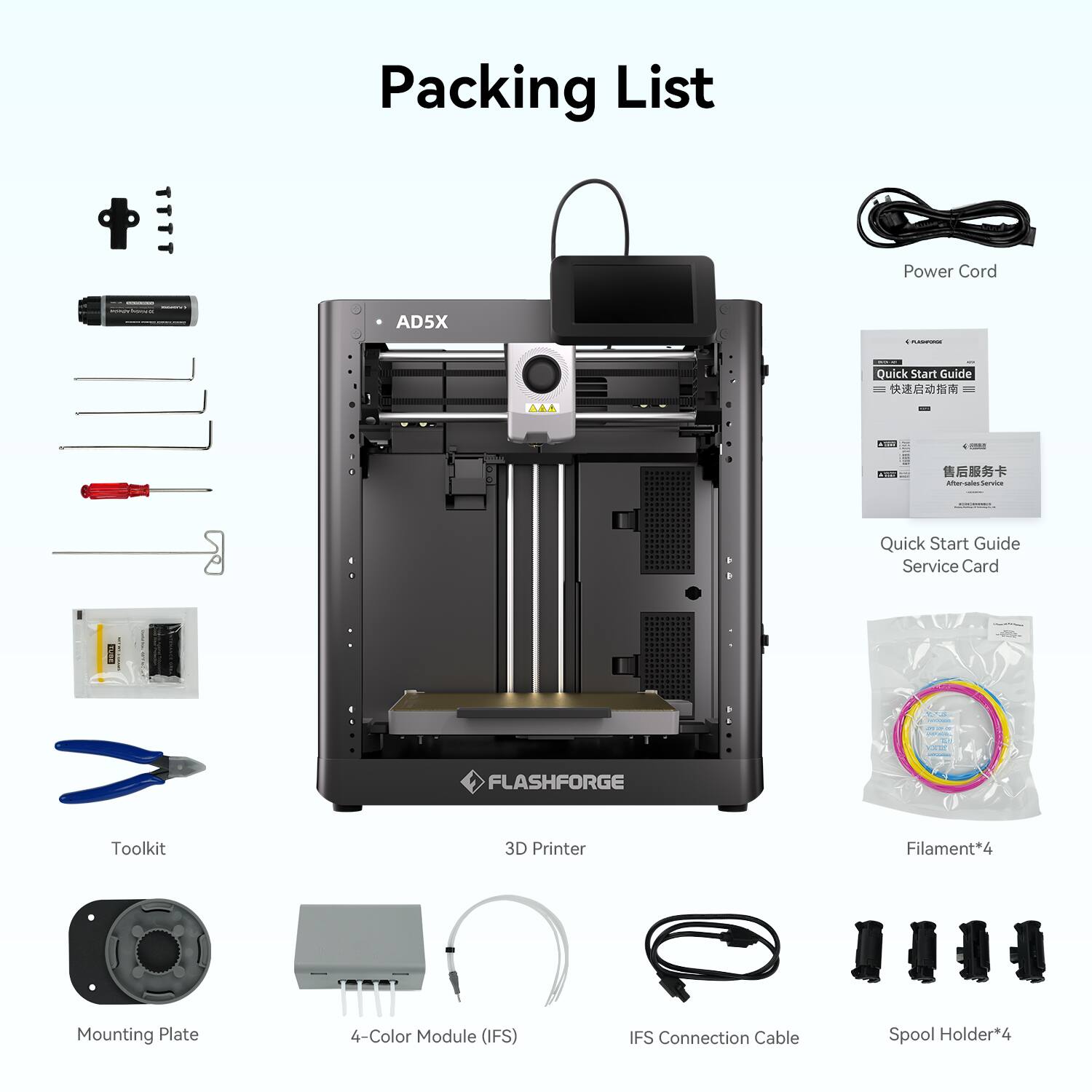 Packing List

- Power Cord
- Quick Start Guide
- Service Card
- FLASHFORGE Toolkit
- 3D Printer Filament*4
- Mounting Plate
- 4-Color Module (IFS)
- IFS Connection Cable
- Spool Holder*4