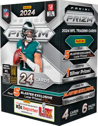Panini NFL 2024 Prizm Trading Cards. Find 5 Blaster Exclusive cards! per box. Unwrap 1 Silver Prizm! on average per box. Look for 5 Blaster Exclusive cards! Lazer Prizms! per box. Memorabilia on every box. Chance to win Panini Super Bowl 48 Prizm cards.