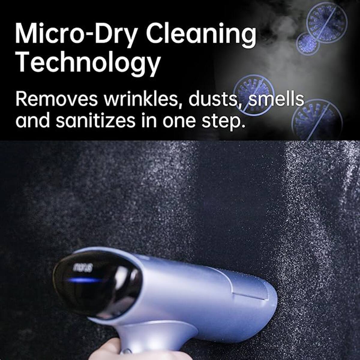 Micro-Dry Cleaning Technology removes wrinkles, dust, smells, and sanitizes in one step.