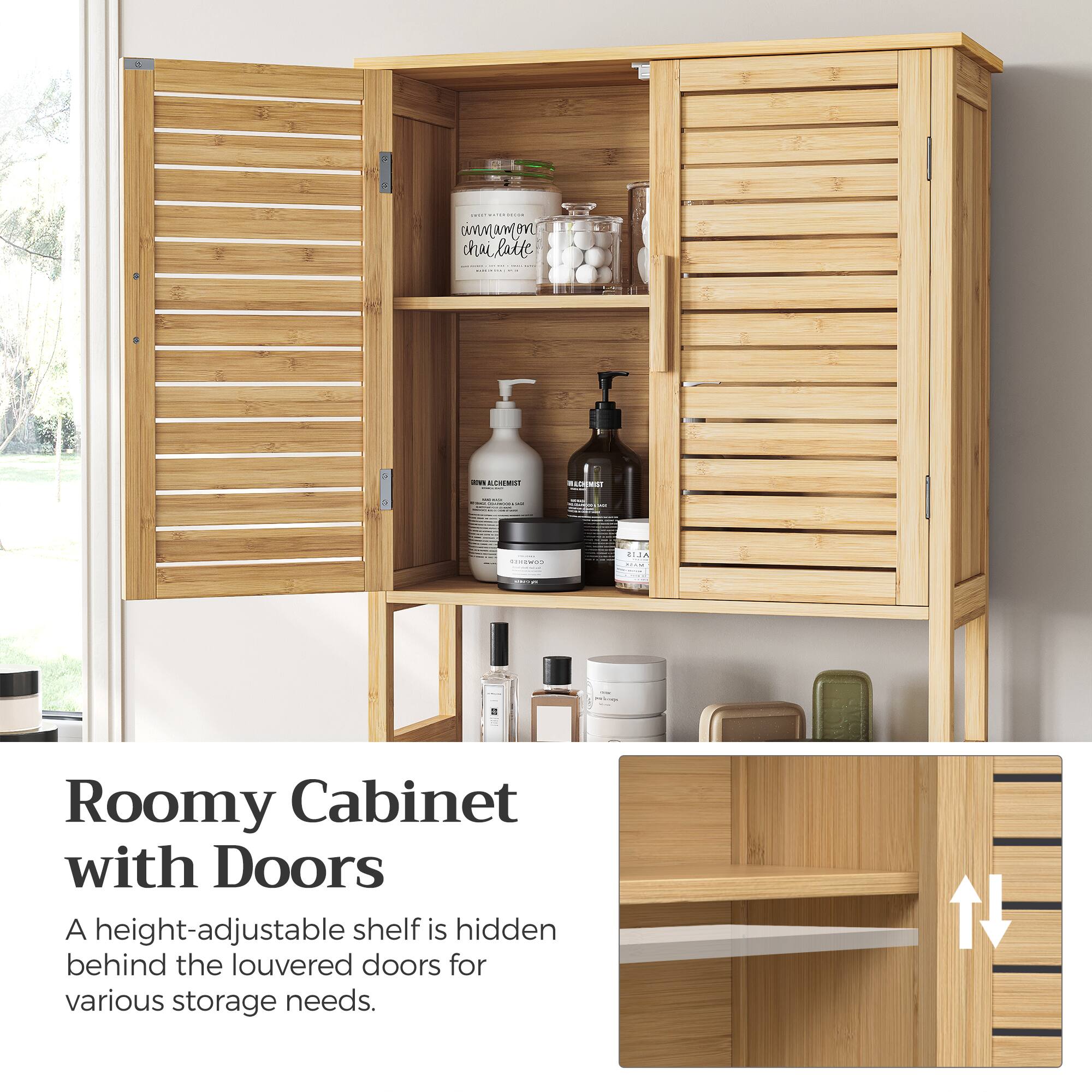 Roomy Cabinet with Doors

A height-adjustable shelf is hidden behind the louvered doors for various storage needs.