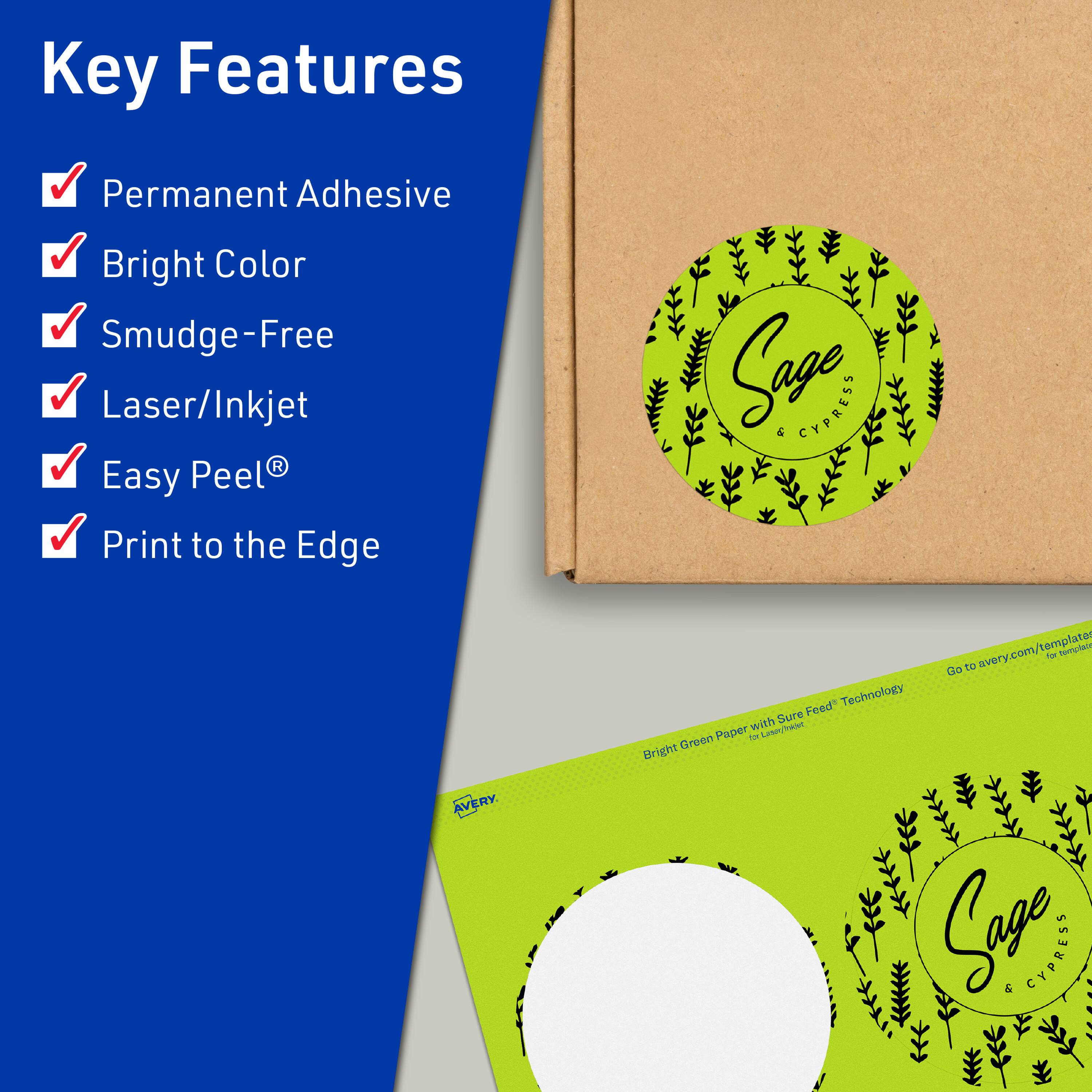 Key Features  
- Permanent Adhesive  
- Bright Color  
- Smudge-Free  
- Laser/Inkjet  
- Easy Peel®  
- Print to the Edge  

Sage & Cypress  

Avery.com/templates for templates  

Bright Green Paper with Sure Feed Technology  

Go to avery.com/templates for templates