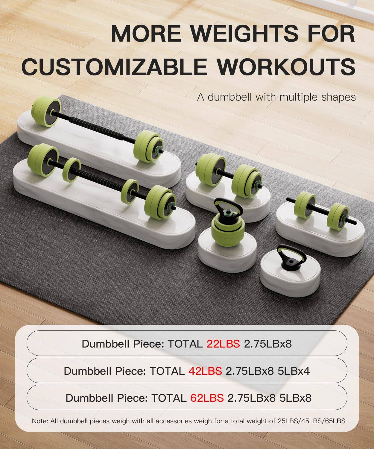 MORE WEIGHTS FOR CUSTOMIZABLE WORKOUTS  
A dumbbell with multiple shapes  

Dumbbell Piece: TOTAL 22LBS 2.75LBx8  
Dumbbell Piece: TOTAL 42LBS 2.75LBx8 5LBx4  
Dumbbell Piece: TOTAL 62LBS 2.75LBx8 5LBx8  

Note: All dumbbell pieces weigh with all accessories for a total weight of 25LBS/45LBS/65LBS