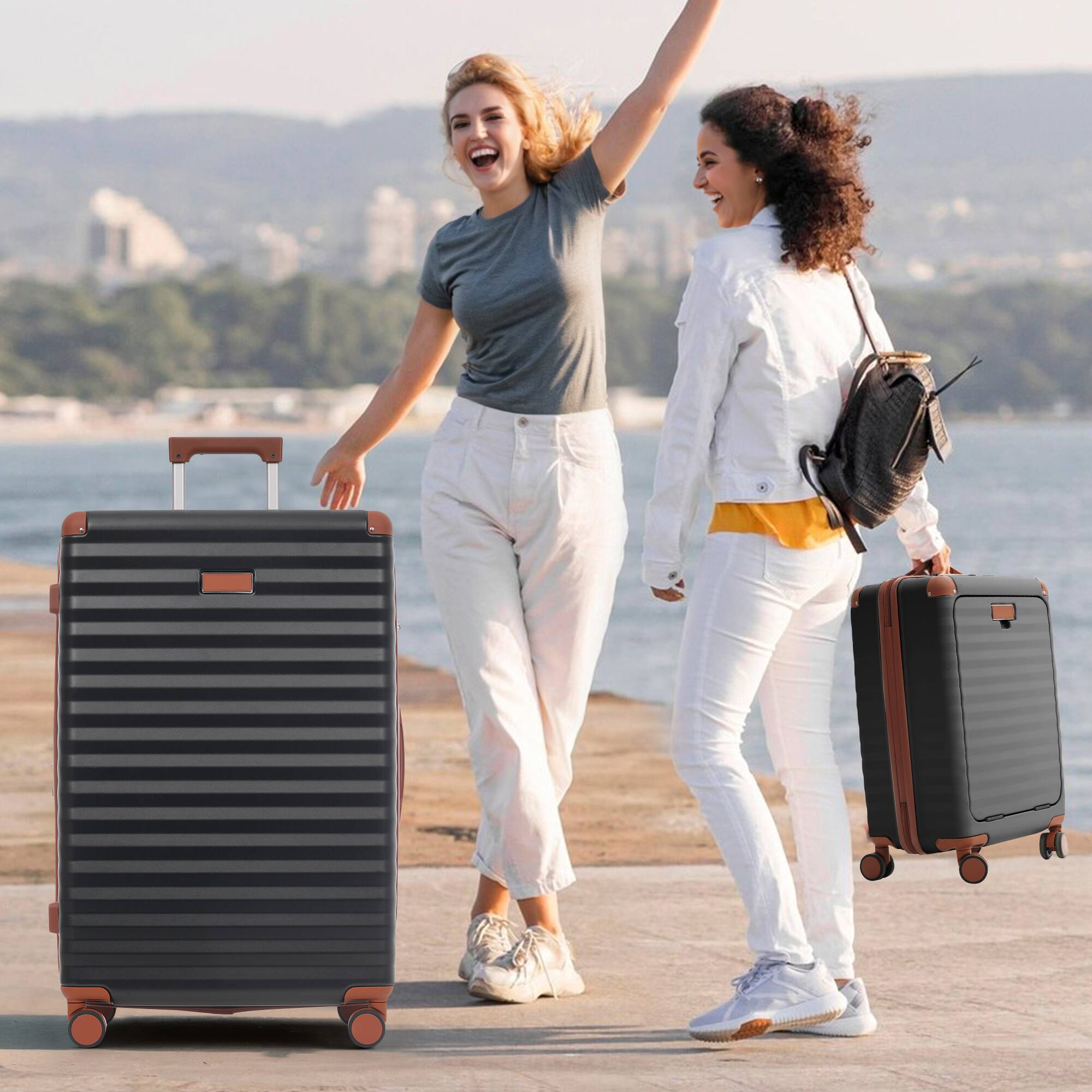 Alt View 8. Ecooso - 5-Piece Expandable ABS Spinner Luggage Set with TSA Lock, USB Port Carry-On, Cup Holder, Duffel, and Toiletry Bag - Black Brown.