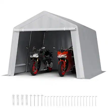 Front. VEVOR - Outdoor Storage Shed, 10 x 10 ft Tent with Roll-up Door & Vents, Waterproof Canopy Shed Shelter, Heavy Duty Frame - Gray.