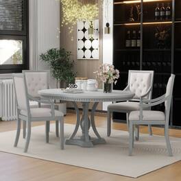 LUCKY ONE - 5-Piece Farmhouse Dining Set with 58" Extendable Round Dining Table and 4 Upholstered Chairs - Antique Gray