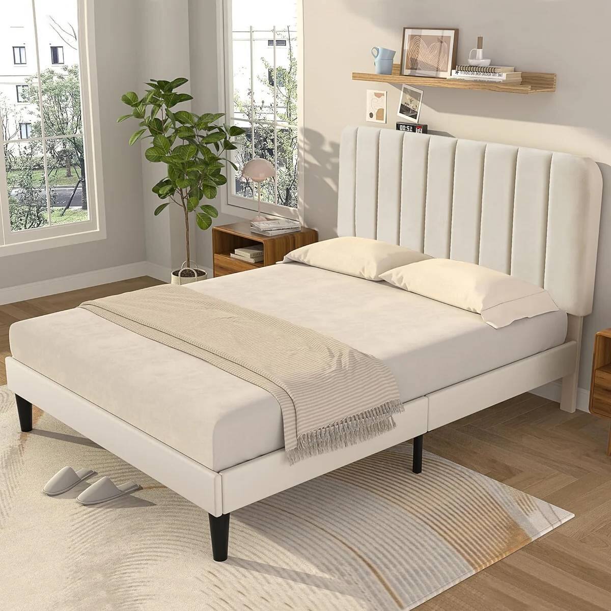 Angle. Hivvago - Hivvago Full size Upholstered Platform Bed Frame with Headboard - Beige.