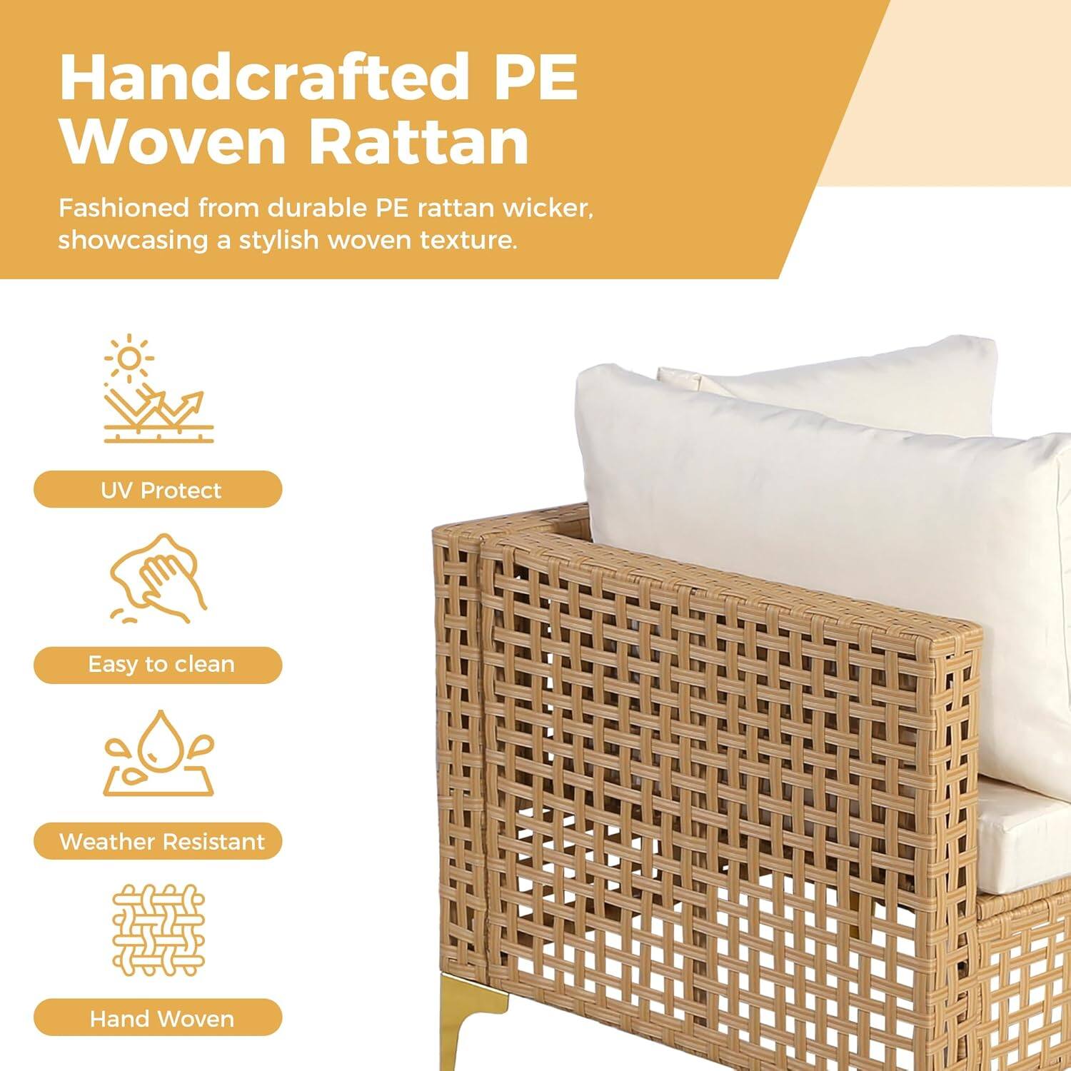 Handcrafted PE Woven Rattan  
Fashioned from durable PE rattan wicker, showcasing a stylish woven texture.  

- UV Protect  
- Easy to clean  
- Weather Resistant  
- Hand Woven