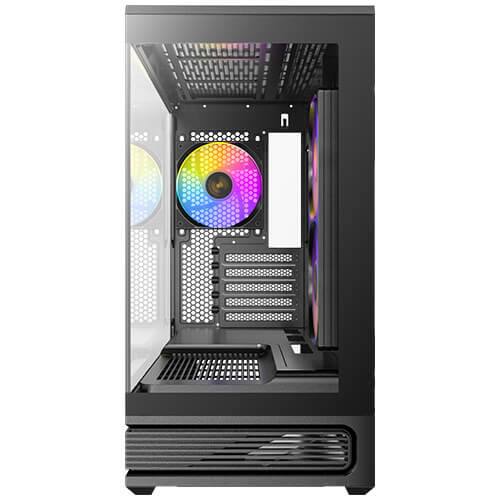 Angle. Antec - C2M ARGB 270 degree Full-view Tempered Glass Compact MicroATX PC Case, 2 ARGB PWM Fans Included, Support 360mm Radiator - Black.