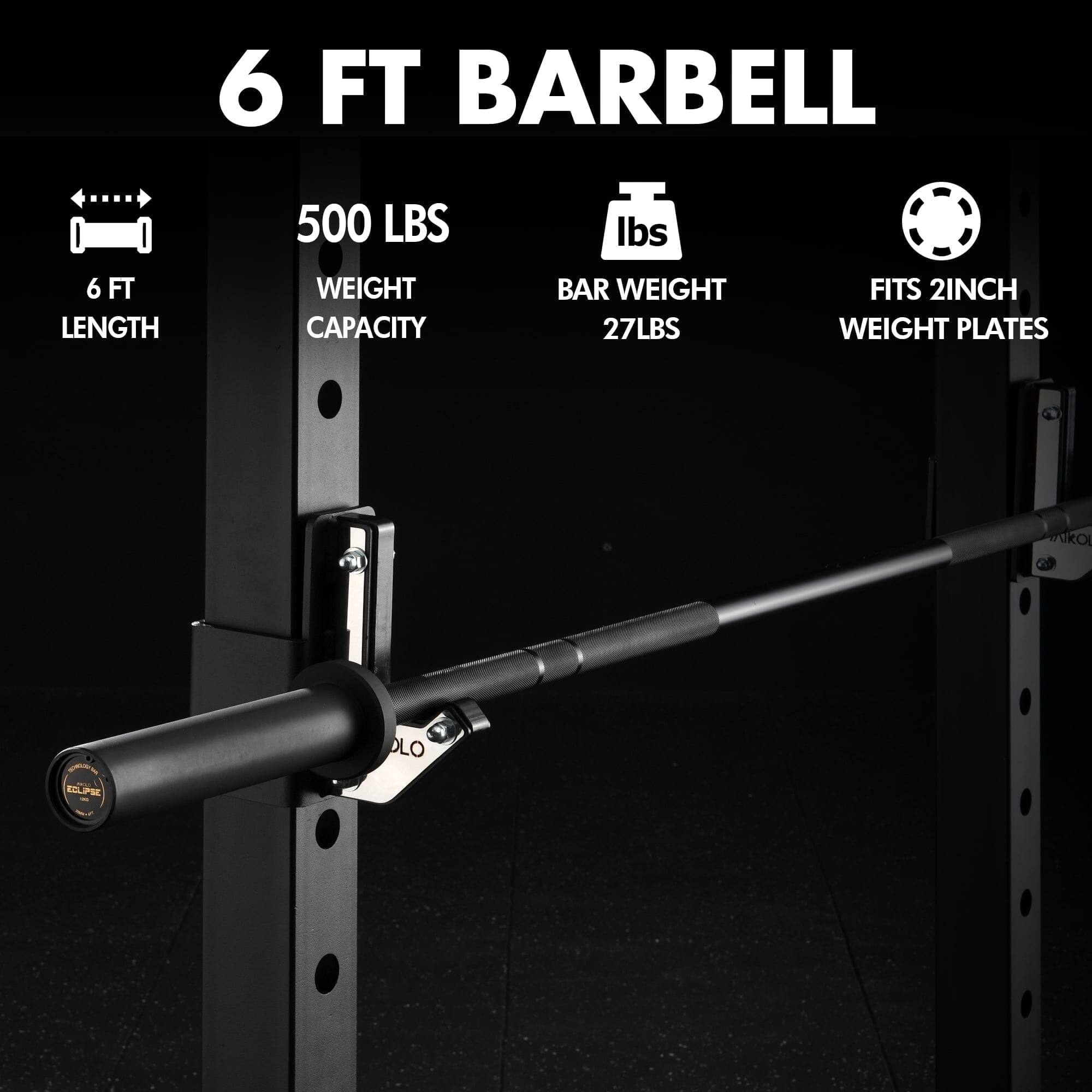 6 FT BARBELL

- 6 FT LENGTH
- 500 LBS WEIGHT CAPACITY
- BAR WEIGHT 27LBS
- FITS 2INCH WEIGHT PLATES
