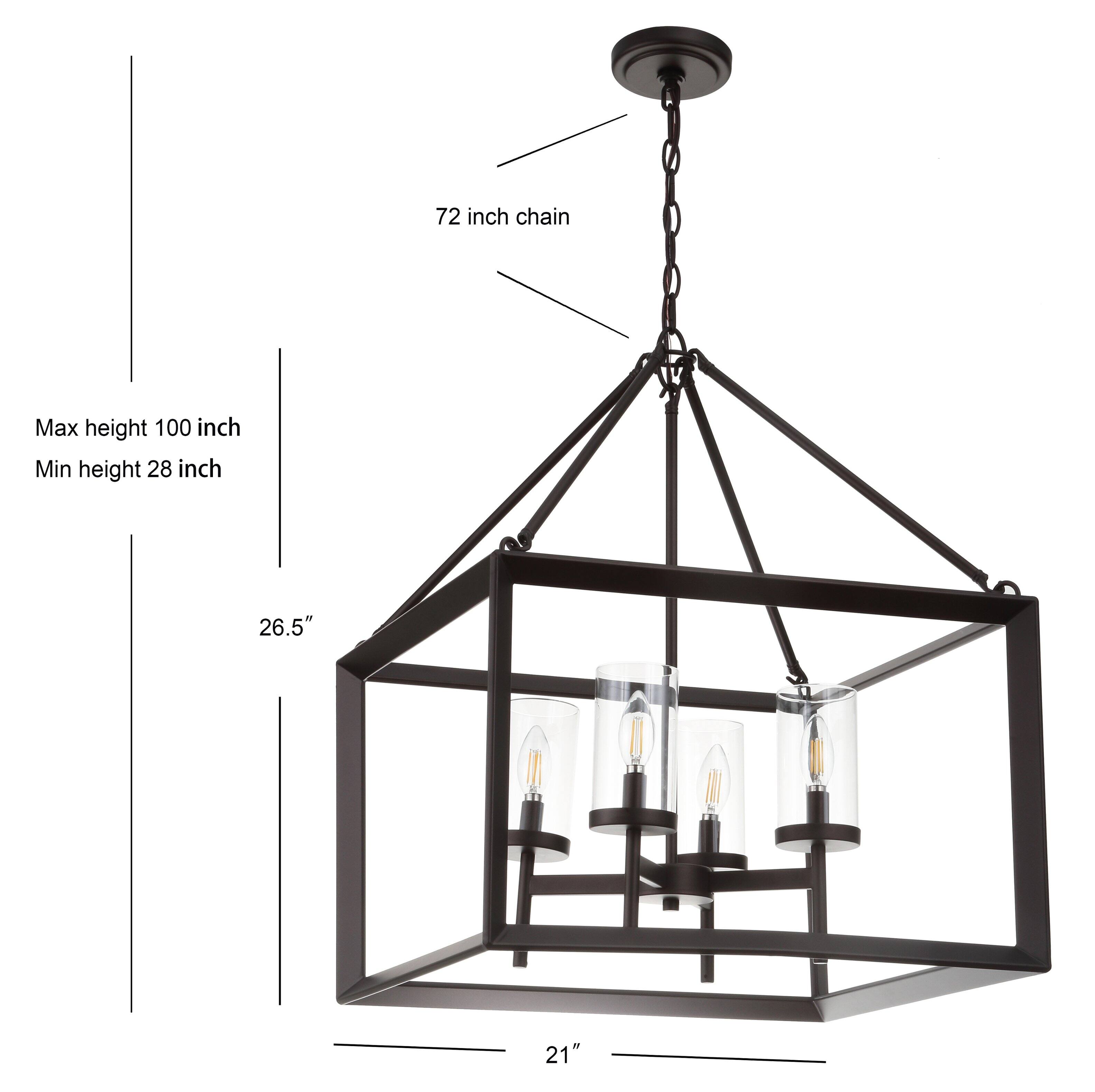 72 inch chain  
Max height 100 inch  
Min height 28 inch  
26.5"  
21"
