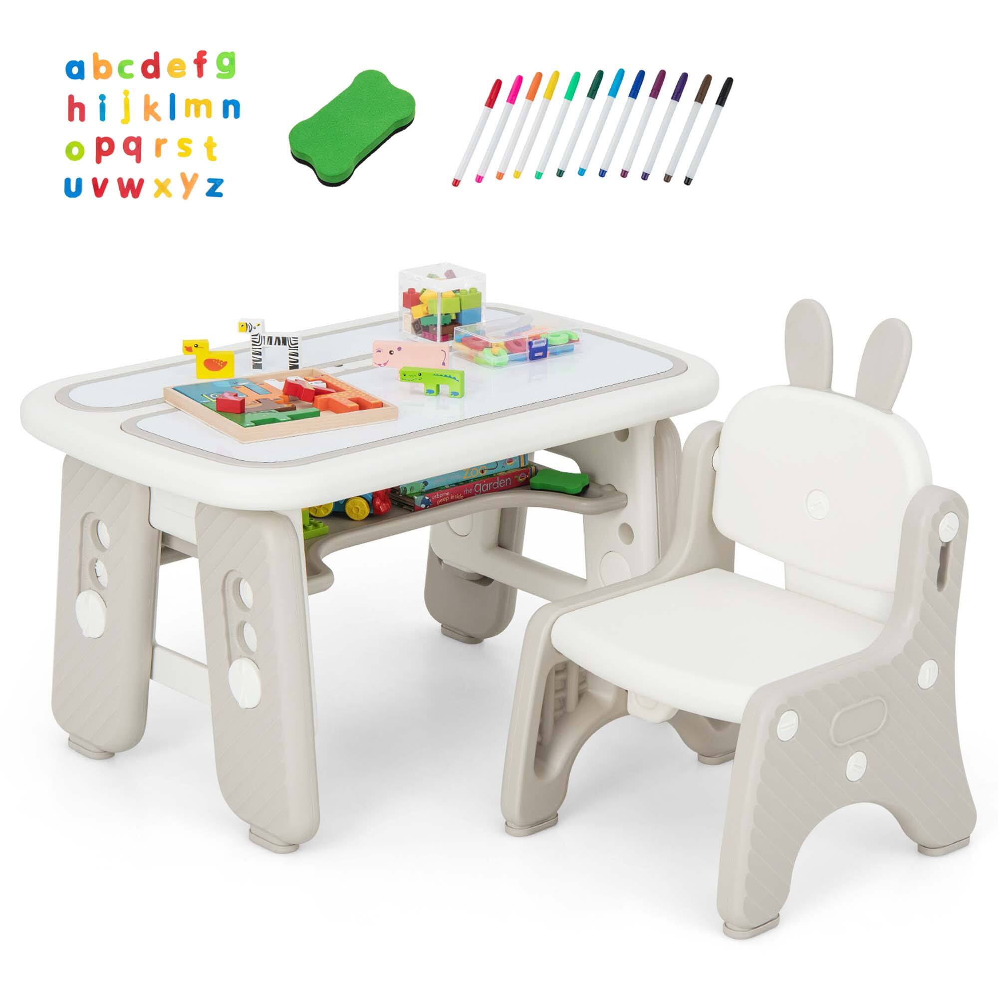 Costway - Kids Drawing Table & Chair Set Graffiti Toddlers Art Activity Table & Chair - Beige