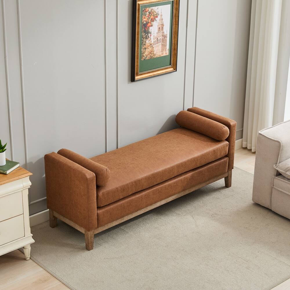 Angle. Ropilly - Ropilly Upholstered End of Bed Bench, Brown PU Leather Entryway Bench with Wood Frame, Daybed Footrest Stool Ottoman - Brown.