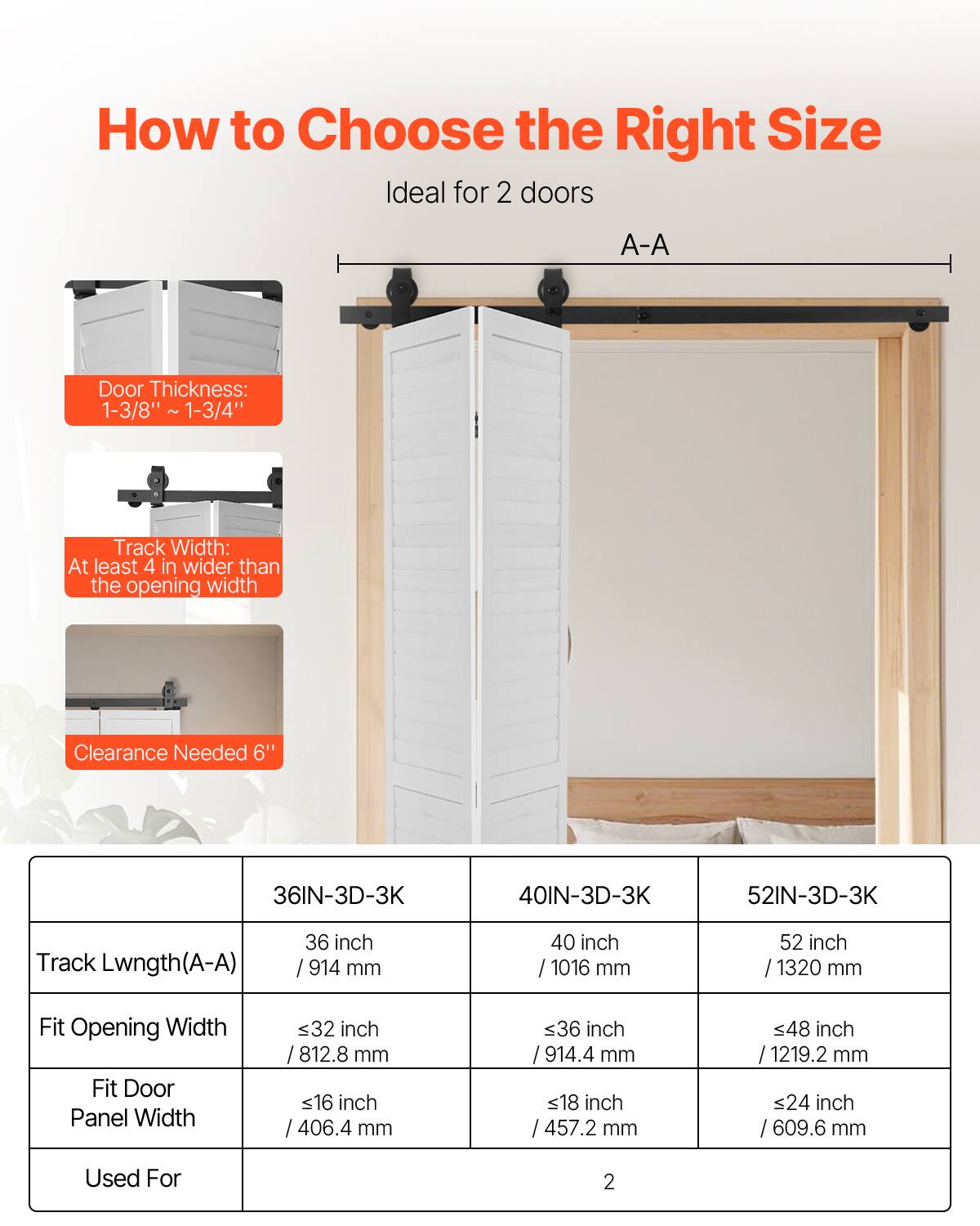 How to Choose the Right Size

Ideal for 2 doors

A-A

Door Thickness: 1-3/8" - 1-3/4"

Track Width: At least 4 in wider than the opening width

Clearance Needed 6"

Track Length (A-A) | Fit Opening Width | Fit Door Panel Width | Used For
--- | --- | --- | ---
36IN-3D-3K | 36 inch / 914 mm | ≤32 inch / 812.8 mm | 2
40IN-3D-3K | 40 inch / 1016 mm | ≤36 inch / 914.4 mm | 2
52IN-3D-3K | 52 inch / 1320 mm | ≤48 inch / 1219.2 mm | 2