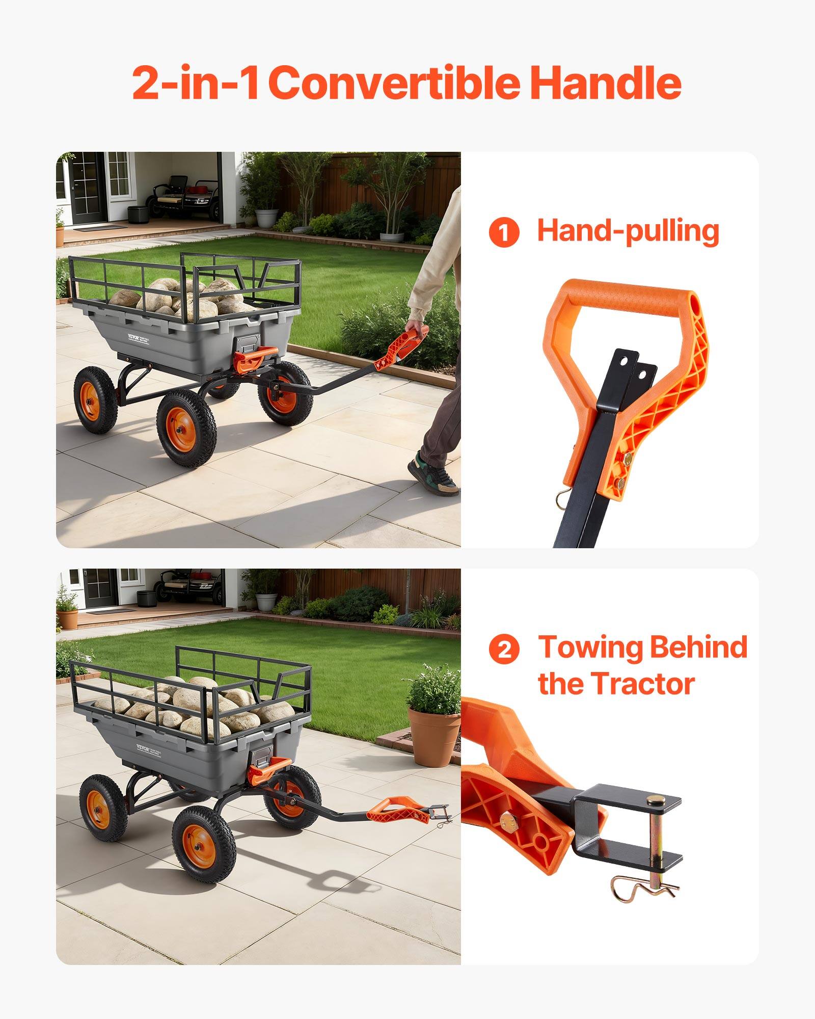 2-in-1 Convertible Handle

1. Hand-pulling
2. Towing Behind the Tractor
