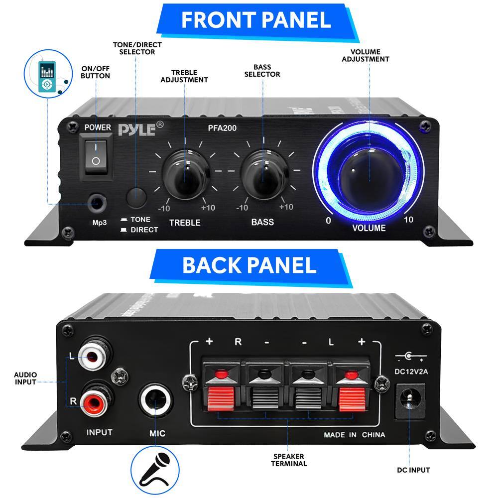 **Front Panel:**

- On/Off Button
- Tone/Direct Selector
- Treble Adjustment (-10 to +10)
- Bass Selector (-10 to +10)
- Volume Adjustment (0 to 10)
- Mp3
- Tone
- Treble
- Direct
- Bass
- Volume

**Back Panel:**

- Audio Input (L, R)
- Mic Input
- Speaker Terminal (L, R)
- DC Input (DC12V2A)
- Made in China