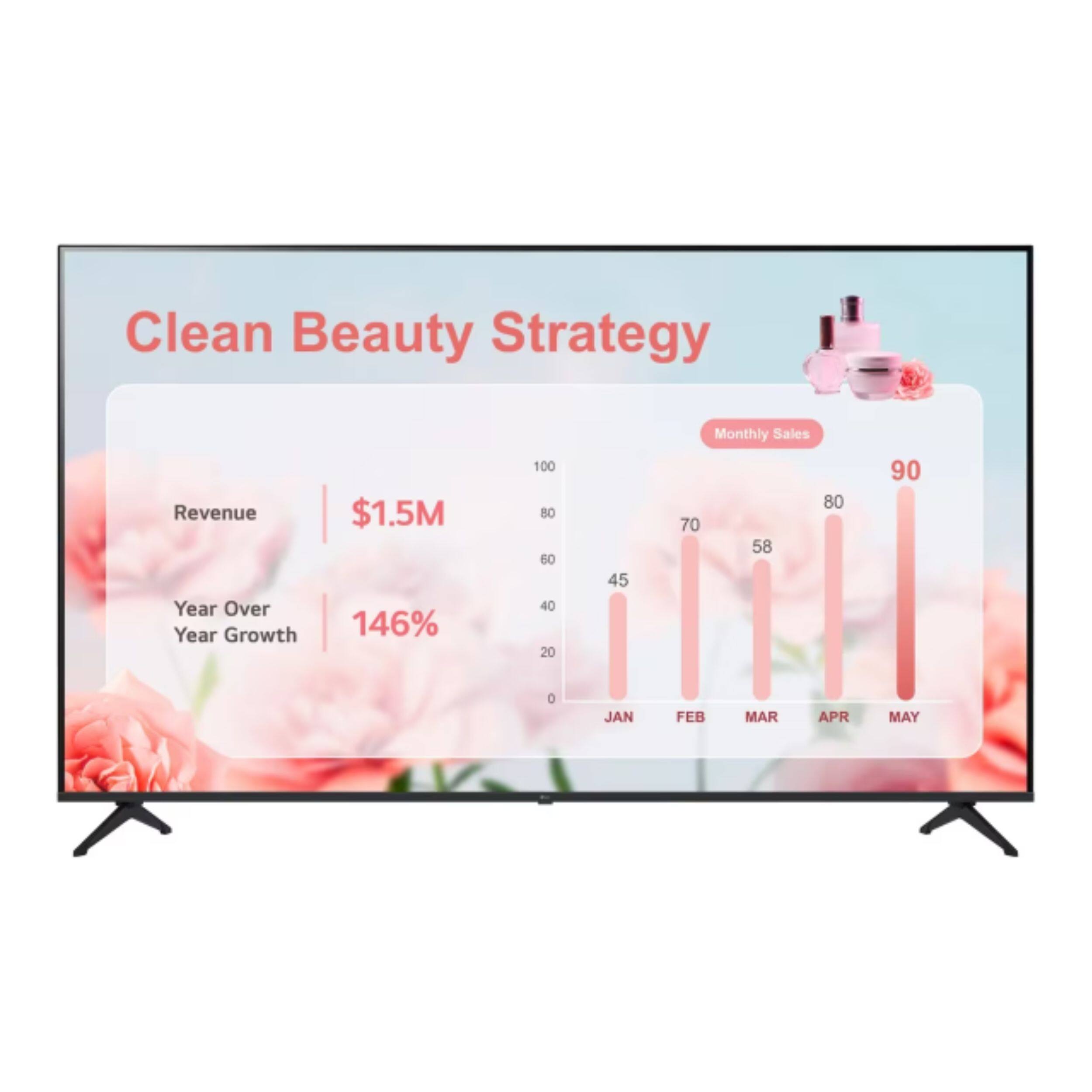 Clean Beauty Strategy

Revenue: $1.5M

Year Over Year Growth: 146%

Monthly Sales:
- JAN: 45
- FEB: 70
- MAR: 58
- APR: 80
- MAY: 90