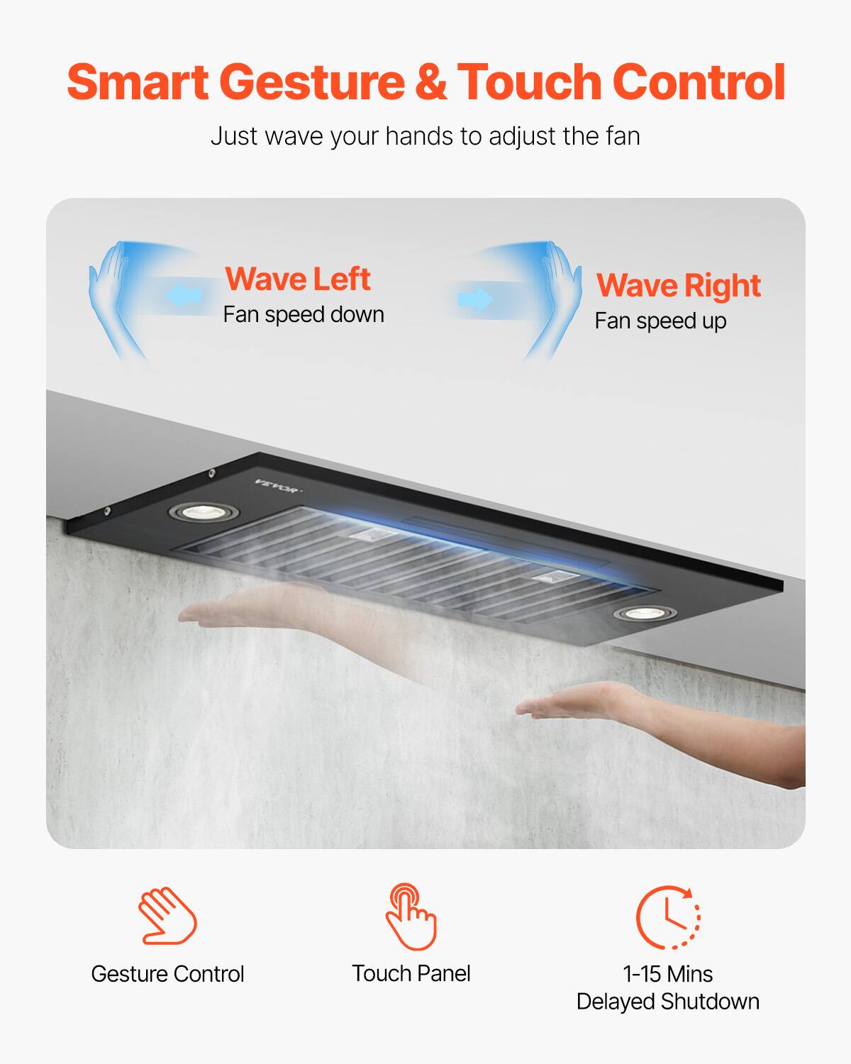 Smart Gesture & Touch Control  
Just wave your hands to adjust the fan  

Wave Left  
Fan speed down  

Wave Right  
Fan speed up  

Gesture Control  
Touch Panel  
1-15 Mins Delayed Shutdown