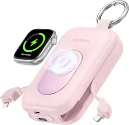 RORRY - CharmGo 20000mAh Portable Charger, 30W Power Bank, Built-in Cables, LCD, Keychain, for iPhone & Apple Watch - Pink