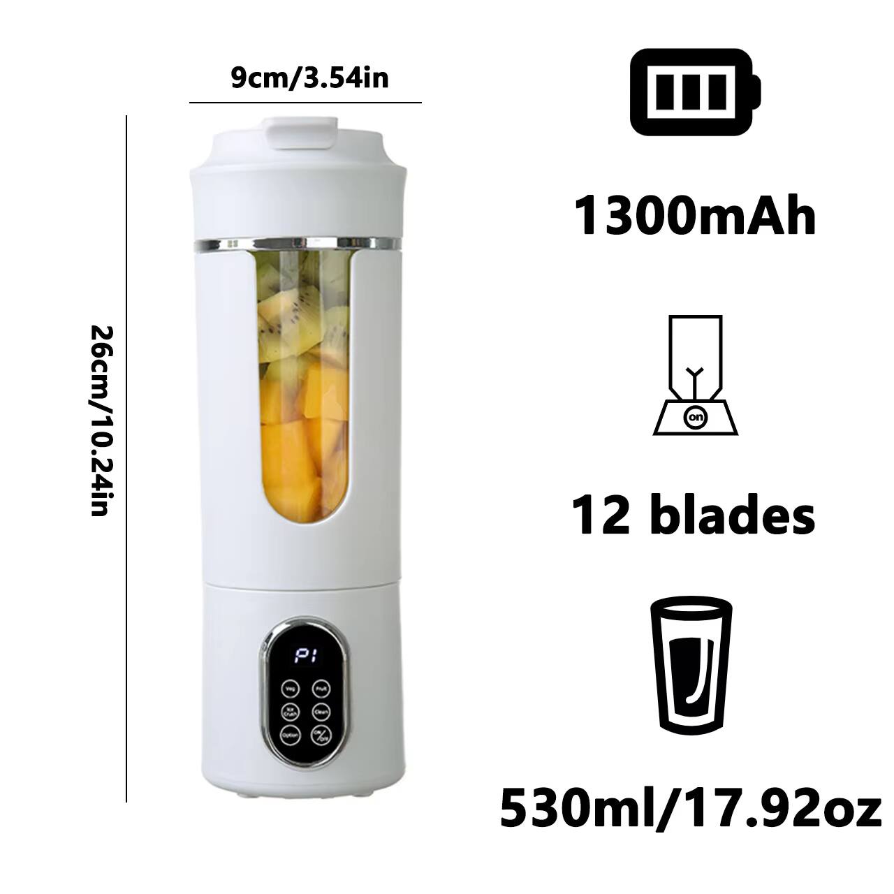 9cm/3.54in  
26cm/10.24in  
1300mAh  
12 blades  
530ml/17.92oz