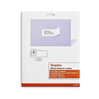 Staples - Laser/Inkjet Address Labels, 1" x 2-5/8", 30 Labels/Sheet, 25 Sheets/Pack (ST18054-CC) - White