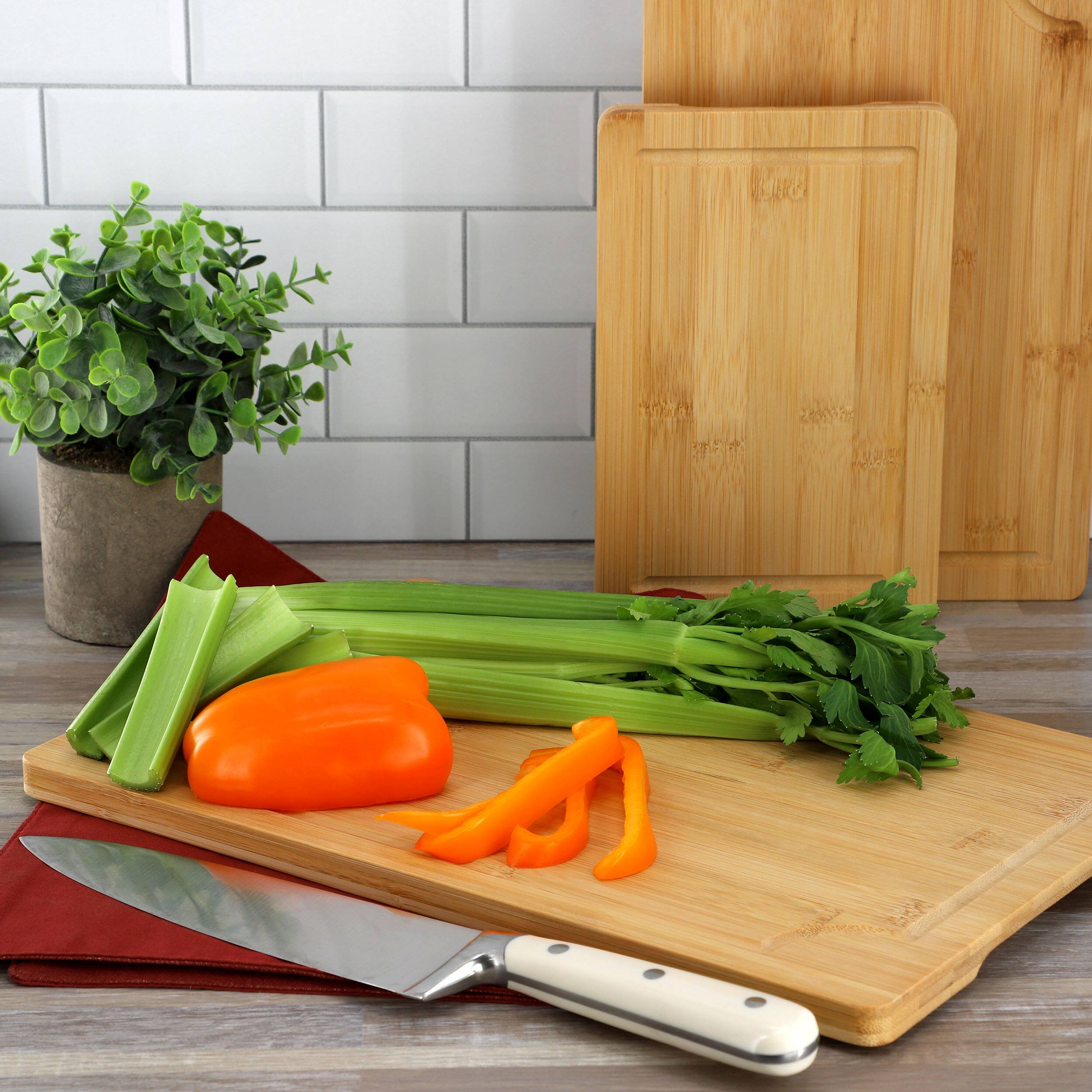 Alt View 6. MegaChef - MegaChef 3 Piece 9 Inch, 12 Inch, and 15 Inch Bamboo Wood Cutting Board Set with Juice Grooves - Brown.