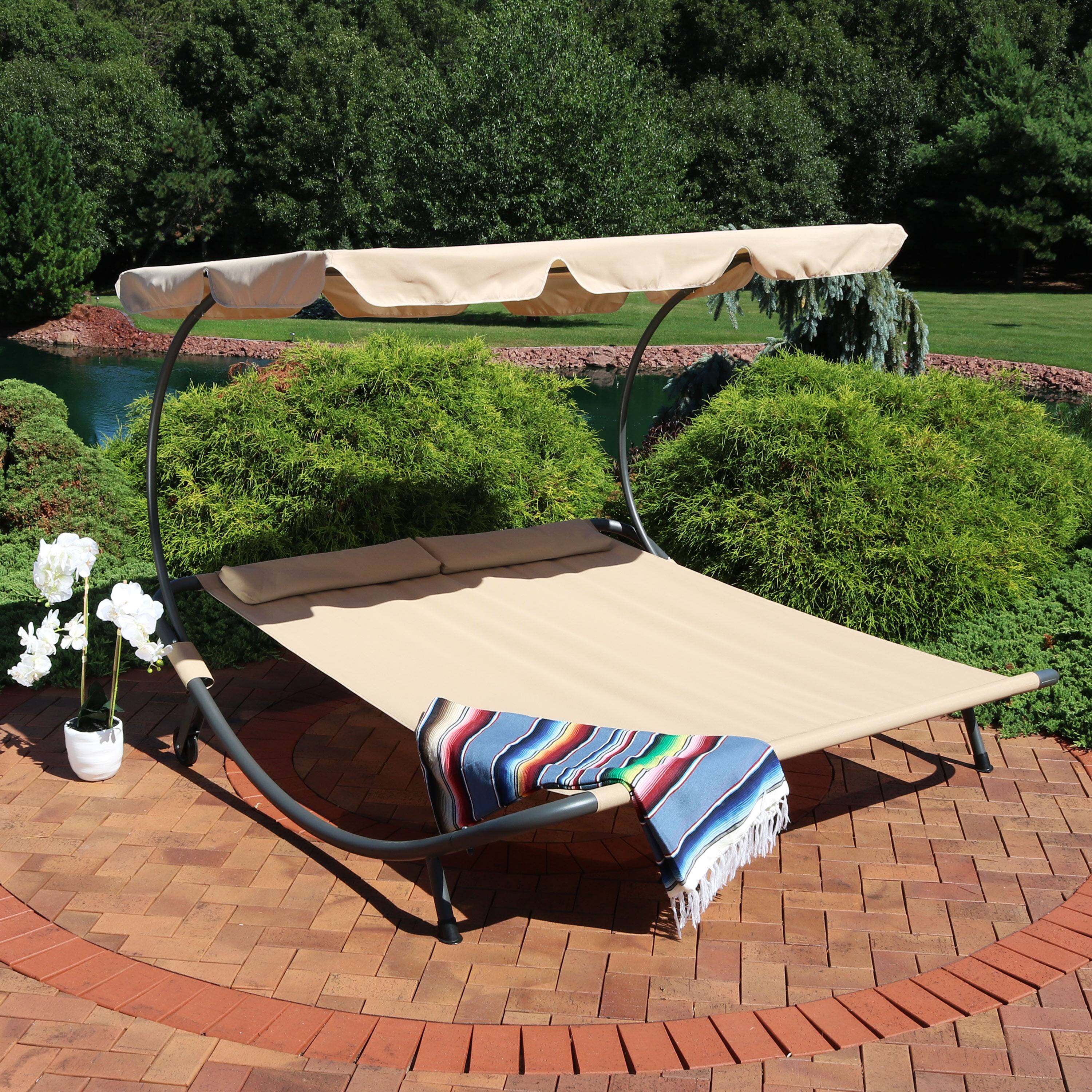 Alt View 3. Sunnydaze - Modern Fabric Double Chaise Lounge Bed with Canopy - Beige.