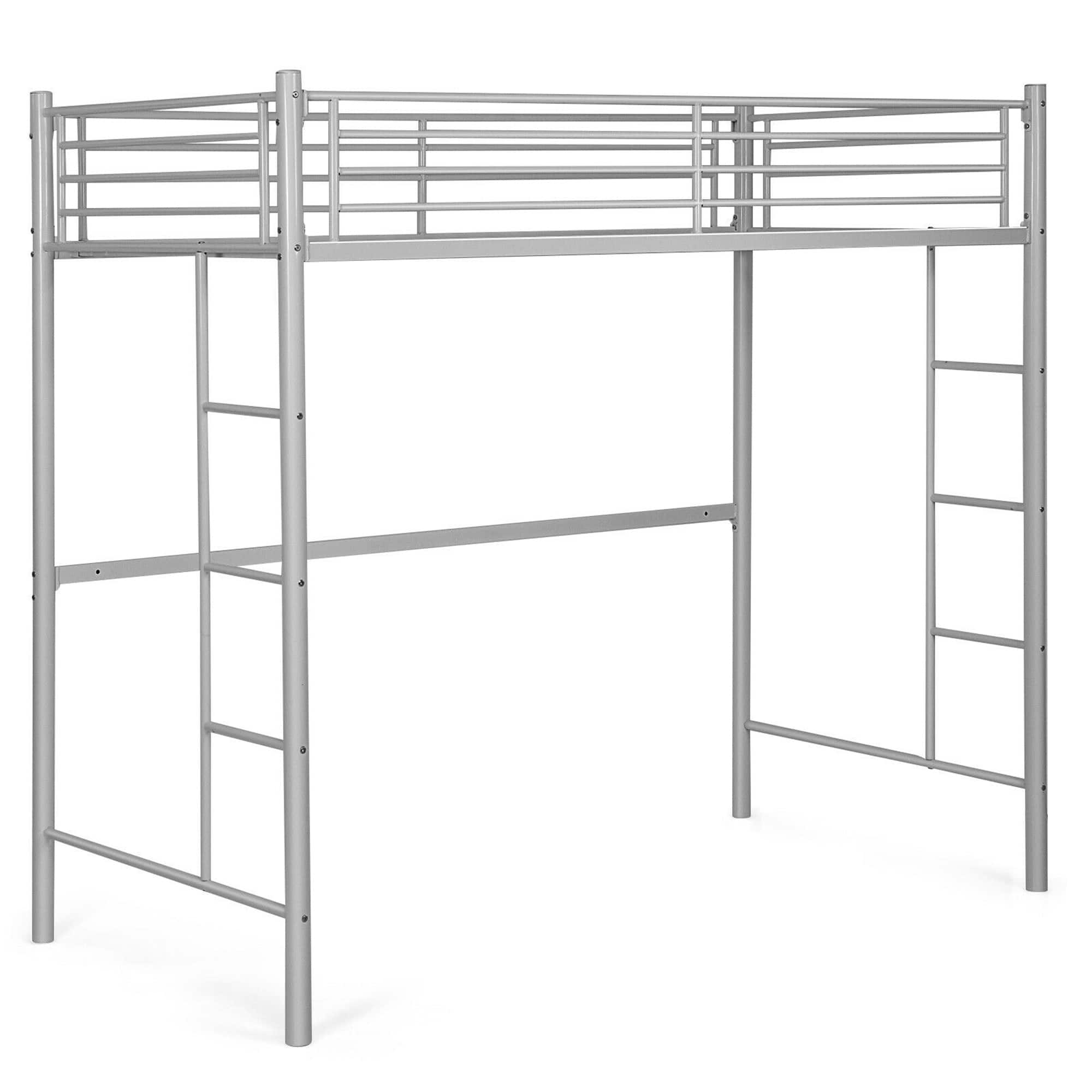 Front. Costway - Twin Size Loft Bed Heavy Duty Metal Loft Bed Frame with Safety Guardrail - Silver.