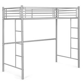 Costway - Twin Size Loft Bed Heavy Duty Metal Loft Bed Frame with Safety Guardrail - Silver