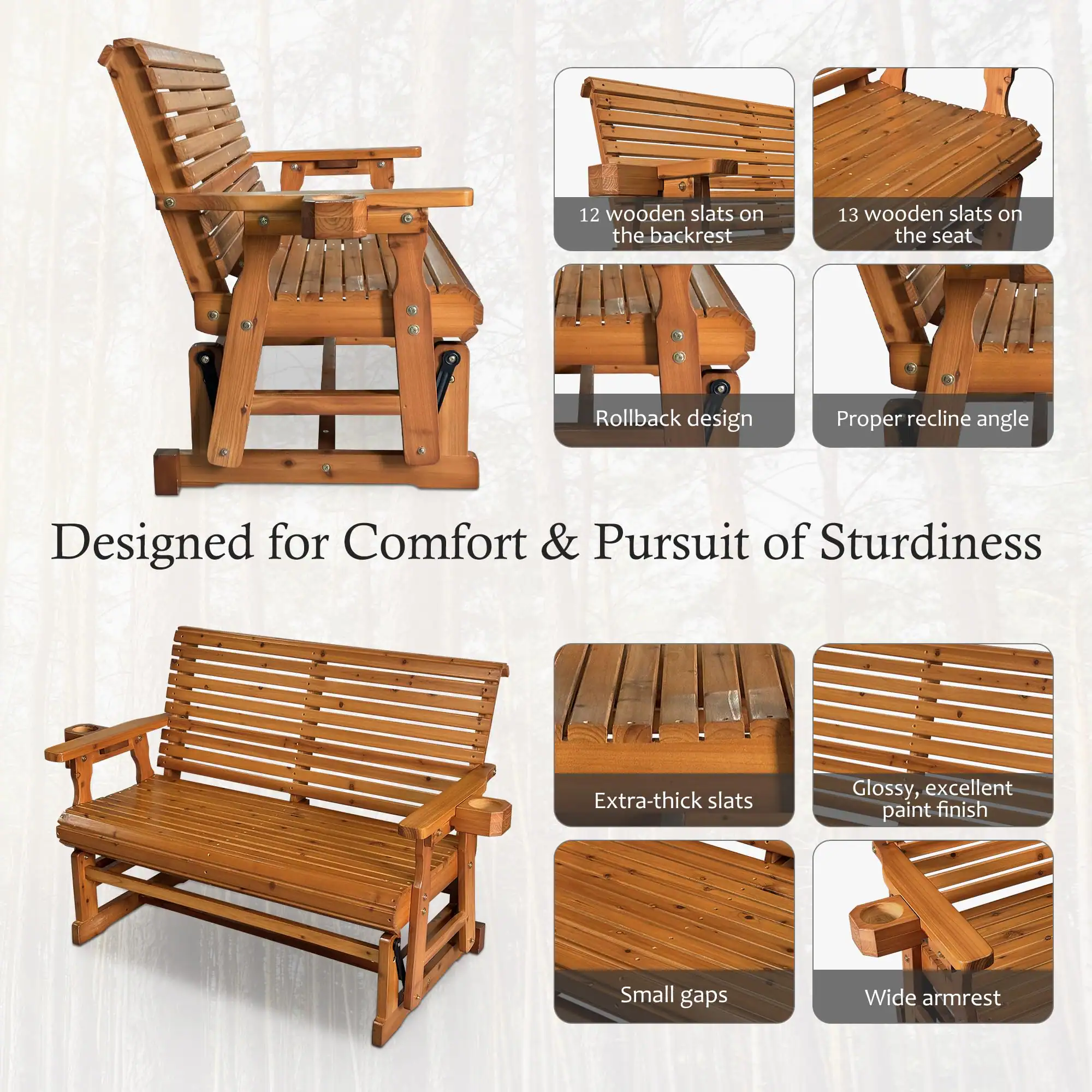Designed for Comfort & Pursuit of Sturdiness

- 12 wooden slats on the backrest
- 13 wooden slats on the seat
- Rollback design
- Proper recline angle
- Extra-thick slats
- Glossy, excellent paint finish
- Small gaps
- Wide armrest