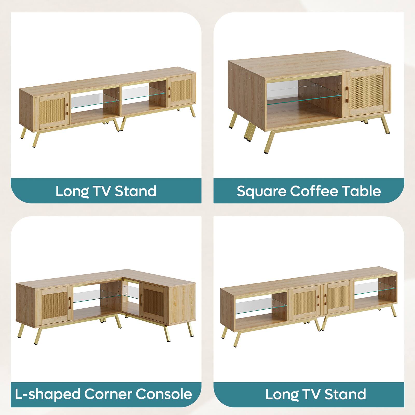 The image shows four different types of wooden TV stands, each with unique features. The first stand is a square coffee table, the second stand is an L-shaped corner console, the third stand is a square coffee table, and the fourth stand is a long TV stand.