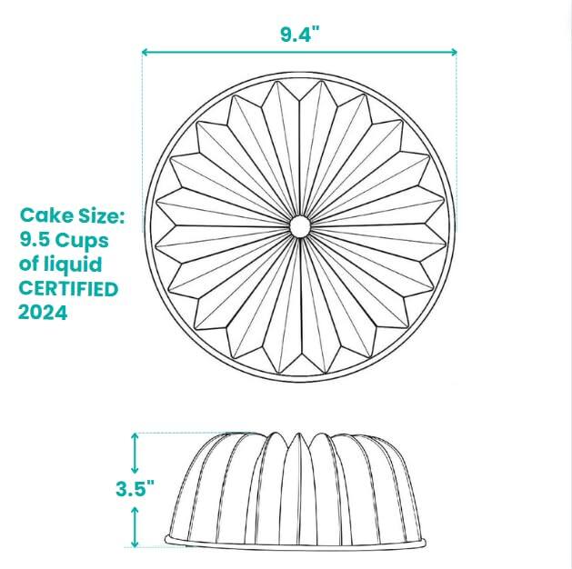 Cake Size:  
9.5 Cups of liquid  
CERTIFIED 2024  

9.4"  
3.5"
