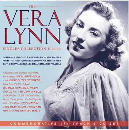 THE VERA LYNN SINGLES COLLECTION 1936-62 COMPRISES SELECTED A & B SIDES FROM HER SINGLES FROM THE FIRST QUARTER-CENTURY OF HER CAREER ON THE CROWN, DECCA, LONDON, MGM AND HMV LABELS. Features the classic wartime favourites WE'LL MEET AGAIN and WHITE CLIFFS OF DOVER, plus her US No. 1 AUF WIEDERSEH'N SWEETHEART and UK No. 1 MY SON, MY SON and all her 15 US and UK hits from these years, including the Top 10 entries YOU CAN'T BE TRUE DEAR, YOURS, FORGET ME NOT and THE HOMING WALTZ. COMMEMORATIVE 144-TRACK 6-CD SET