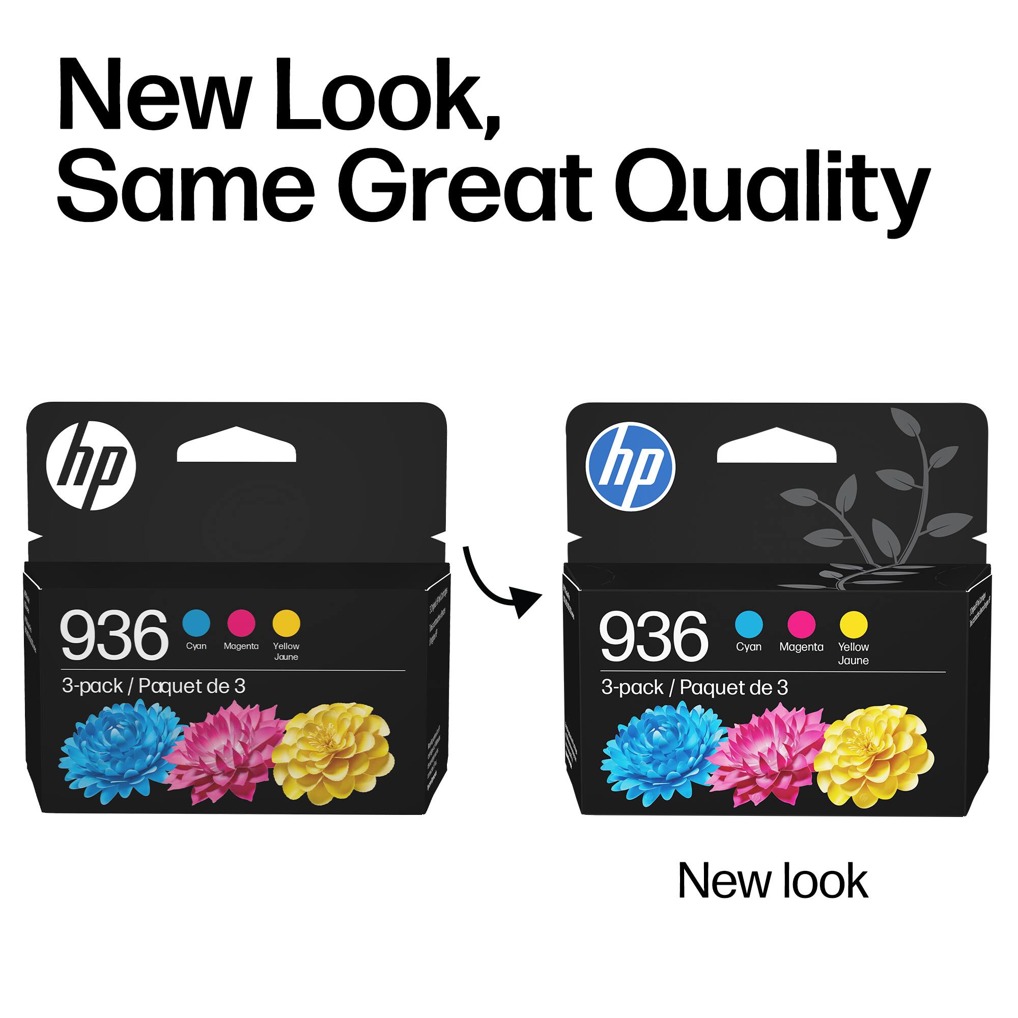 New Look, Same Great Quality  
hp 936 Cyan Magenta Yellow 3-pack / Paquet de 3  
New look