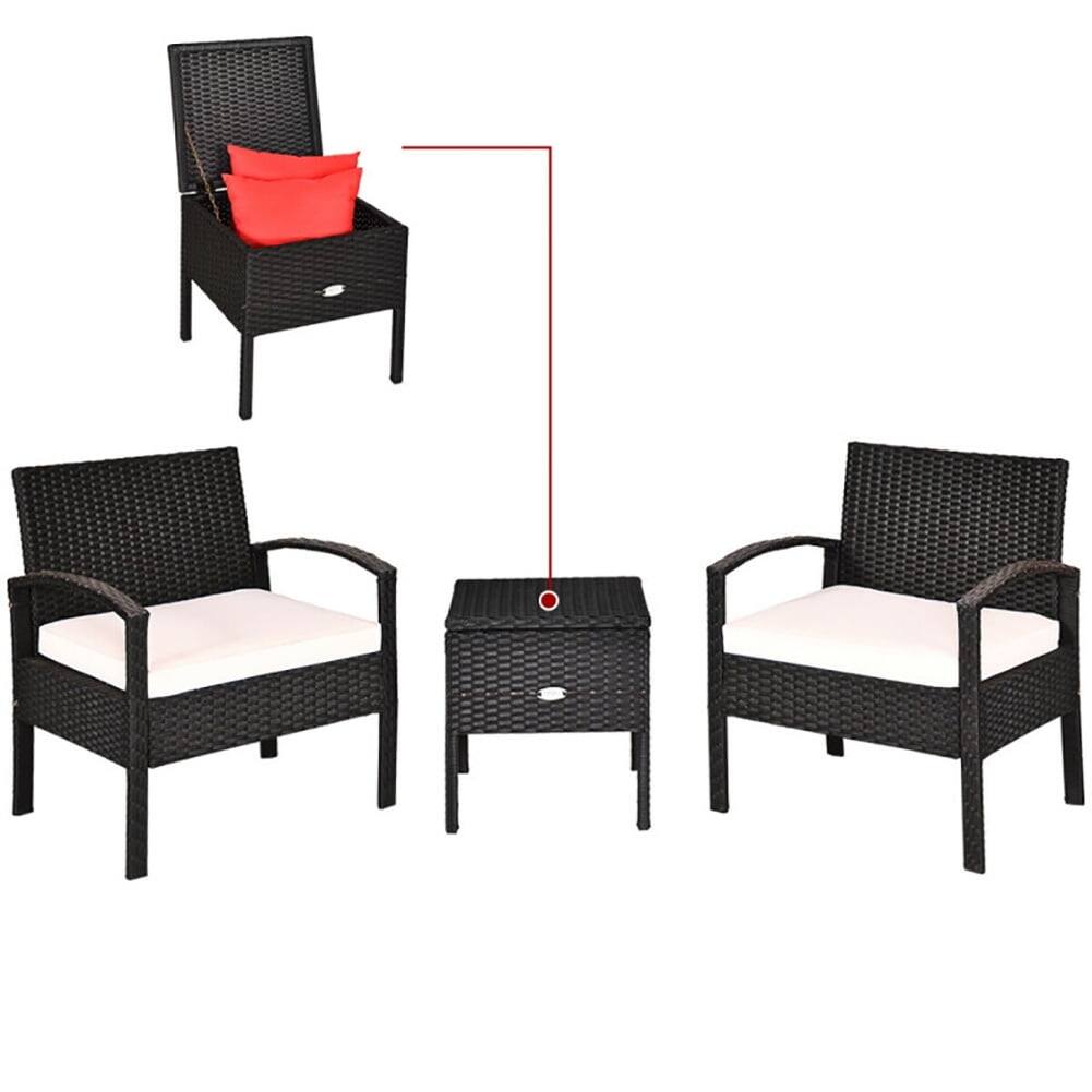 Back. Kadyn - Wicker 3-Piece Outdoor Patio Porch Set Rattan Conversation Furniture Sets with Table and Removable Cushion, Black - White.