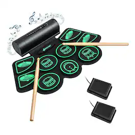 Gymax - 9 Pads Electronic Drum Set Roll Up Drum Kit w/ MIDI & Dual Stereo Speakers Green - Green+Black