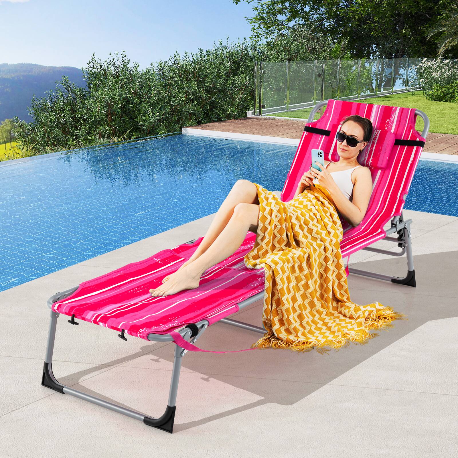 Alt View 1. Gymax - Gymax Outdoor Folding Chaise 5-Position Lounge Chair w/ Face Hole & Adjustable Footrest Striped Pink - Striped Pink.