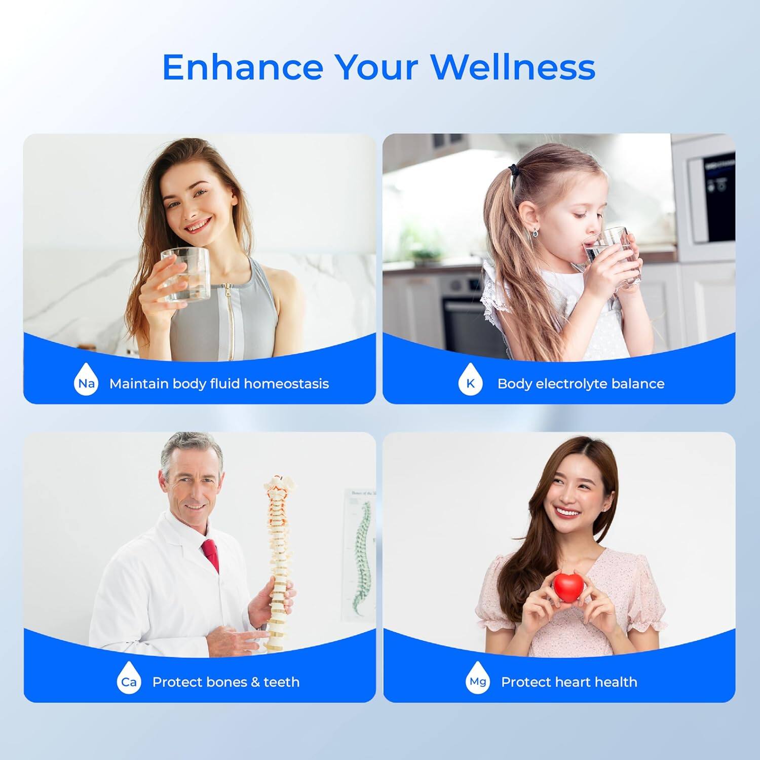 Enhance Your Wellness
Na Maintain body fluid homeostasis
K Body electrolyte balance
Ca Protect bones & teeth
Mg Protect heart health