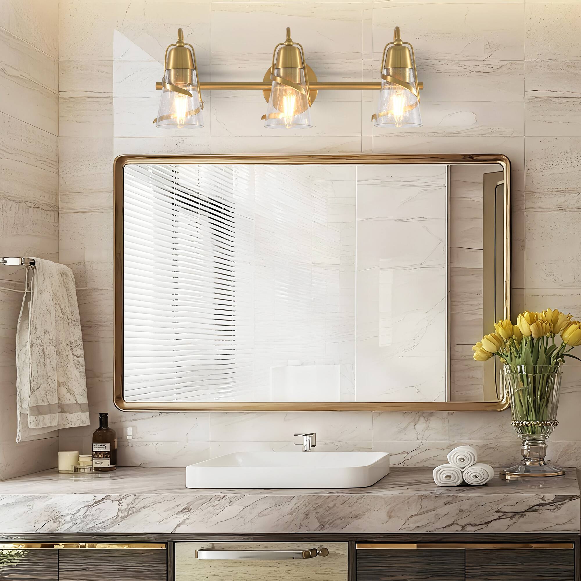 Left. Parrot Uncle - 24" Modern Gold 3-Light Bathroom Vanity Sonces Wall Light with Seeded Glass Shades - Gold, Clear.