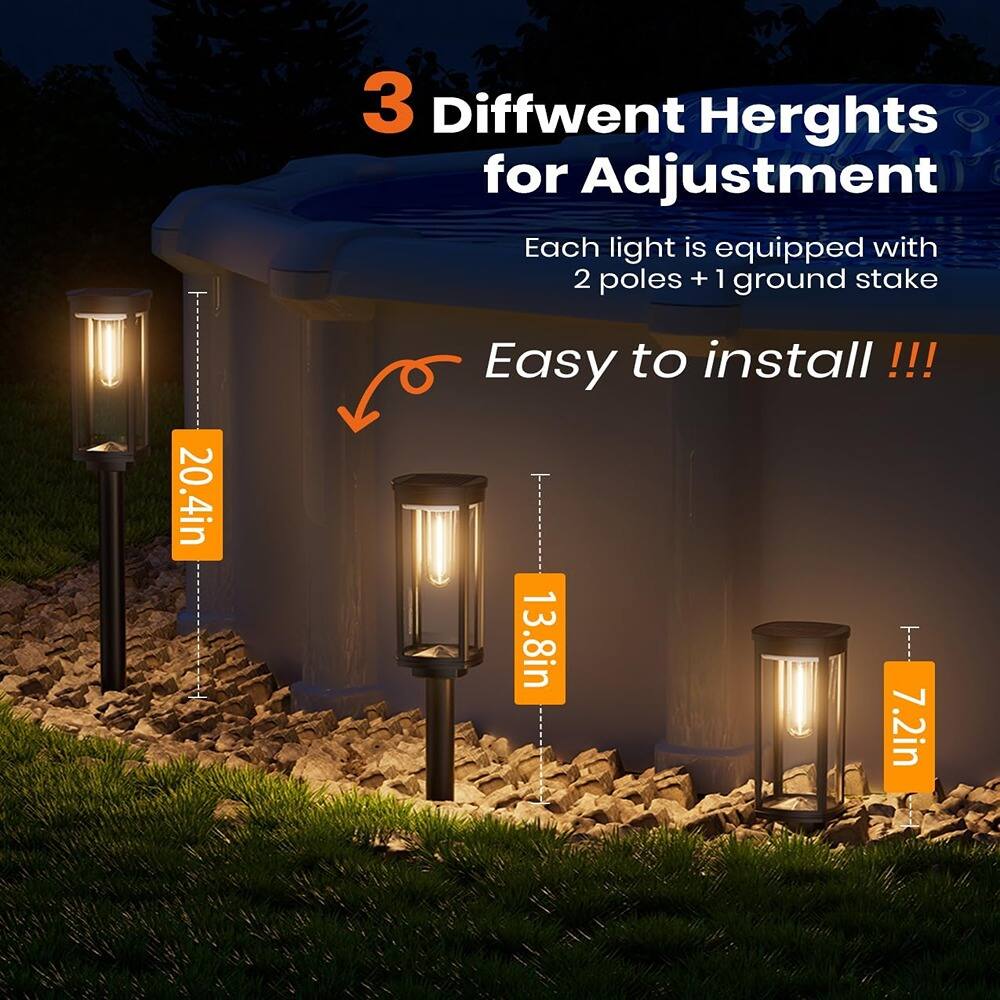 3 Different Heights for Adjustment  
Each light is equipped with 2 poles + 1 ground stake  

Easy to install !!!  

20.4in  
13.8in  
7.2in