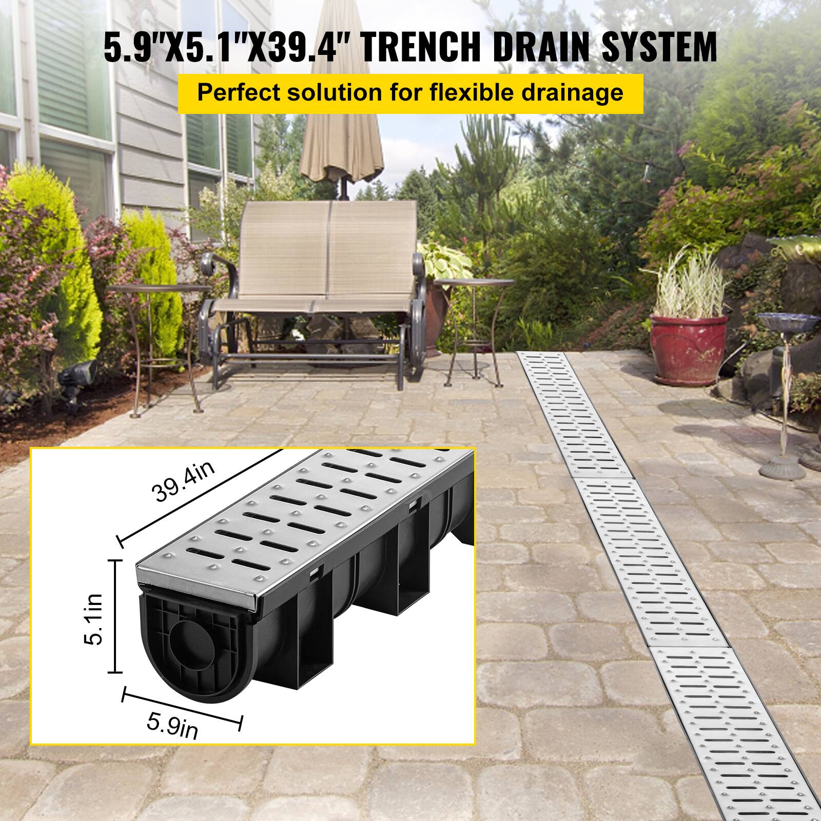 5.9"X5.1"X39.4" TRENCH DRAIN SYSTEM  
Perfect solution for flexible drainage  

39.4in  
5.1in  
5.9in