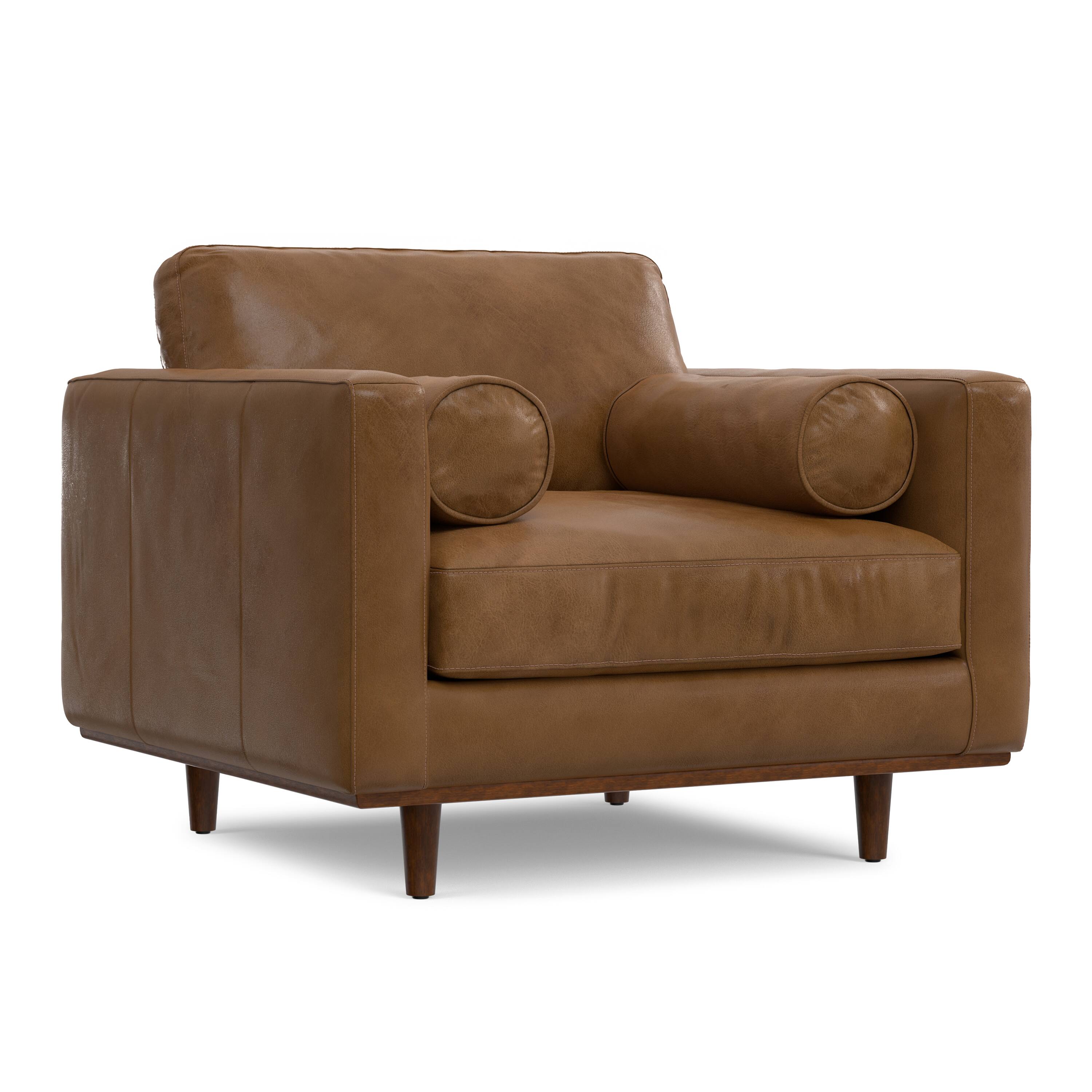 Front. Simpli Home - Morrison 42 inch Wide Mid-Century Modern Arm Chair in Caramel Brown Genuine Leather - Caramel Brown.