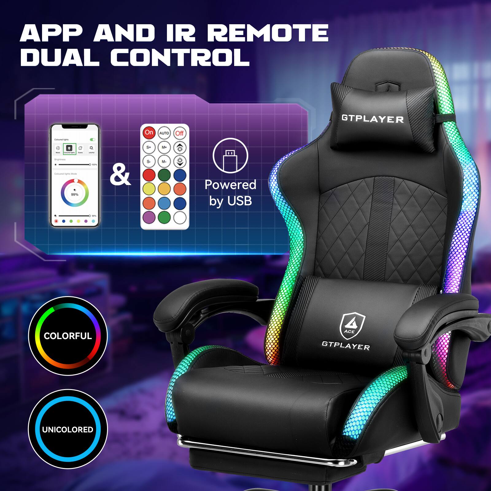 APP AND IR REMOTE DUAL CONTROL

- Powered by USB
- COLORFUL
- UNICOLored

GTPLAYER