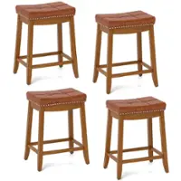 Costway - Saddle Bar Stools Set of 4 with PU Leather Seat Solid Rubber Wood Frame Footrest - Brown - Front_Zoom