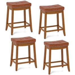 Costway - Saddle Bar Stools Set of 4 with PU Leather Seat Solid Rubber Wood Frame Footrest - Brown