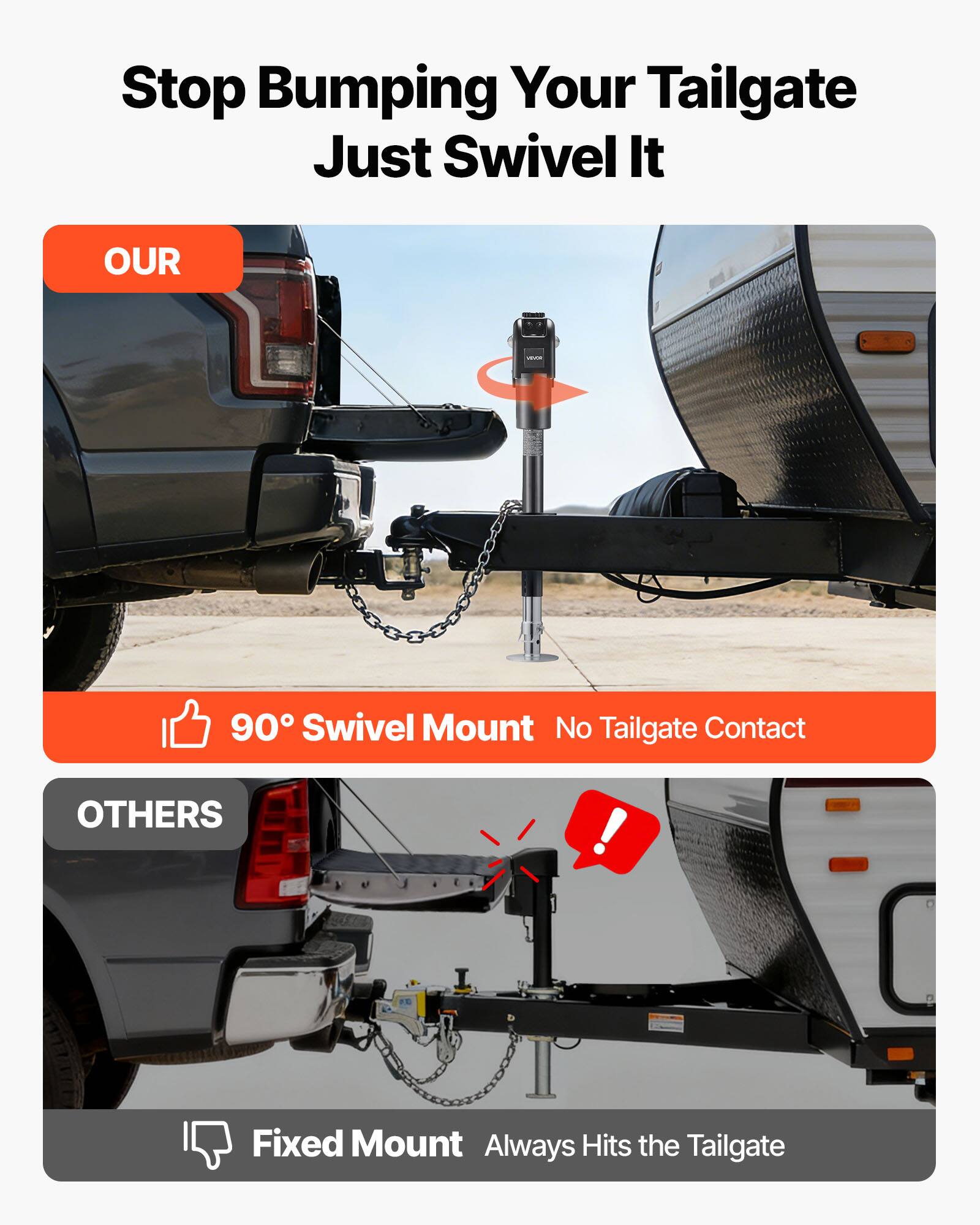 Stop Bumping Your Tailgate Just Swivel It

OUR
90° Swivel Mount No Tailgate Contact

OTHERS
Fixed Mount Always Hits the Tailgate