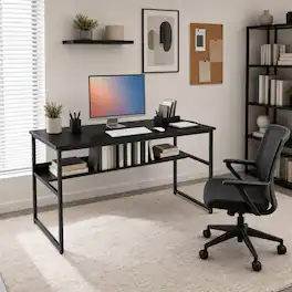 WELLFOR - 55" Computer Desk with Power Outlets & Shelf, Home Office Desk Writing Desk with Adjustable Foot Pads - Black