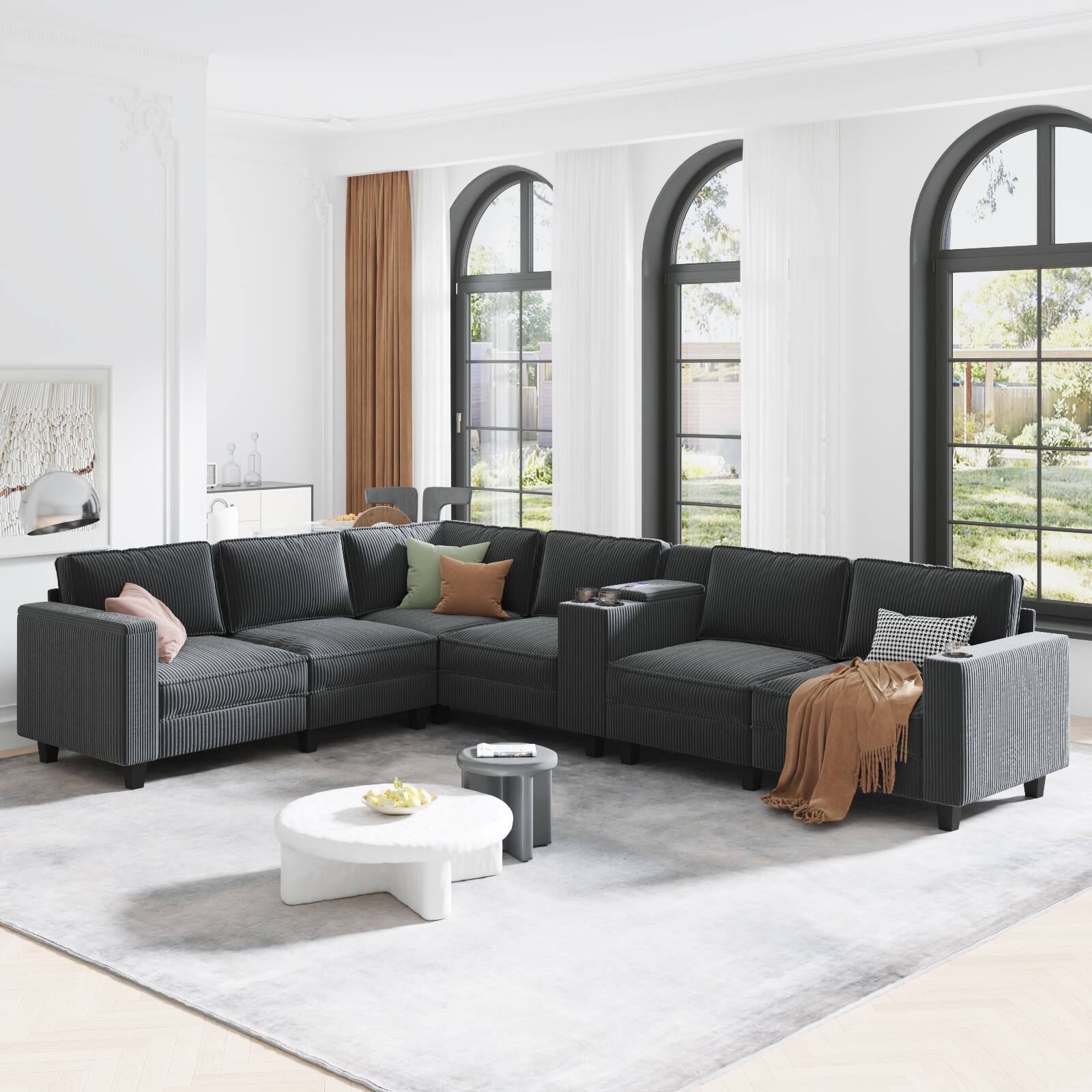 Anysun - L-Shape 6-Seat Corduroy Sofa with Storage Armrests, Center Console & USB Charging. - Gray price history on PriceWatchPro