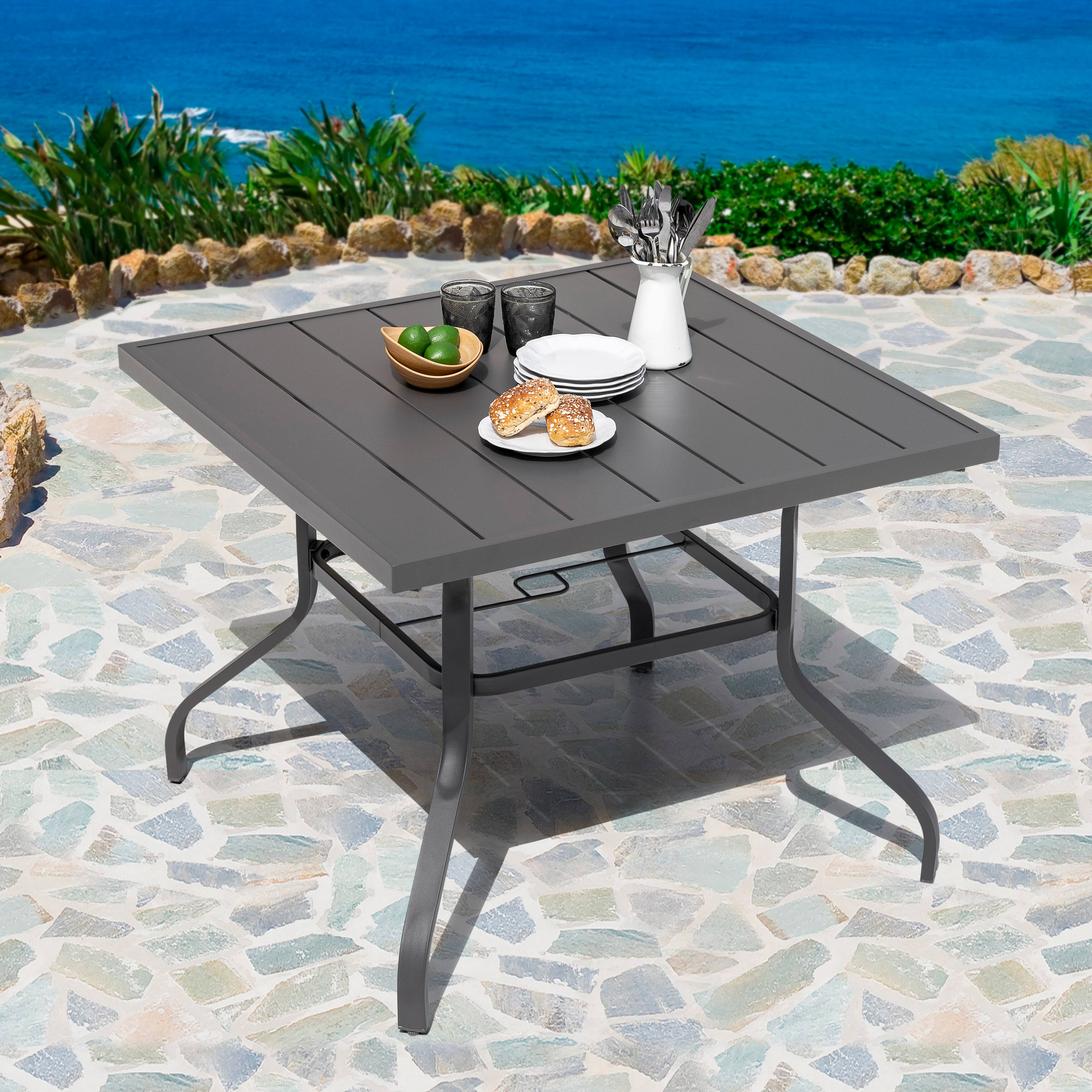 Angle. Nuu Garden - Outdoor 37 Inch Square Iron Dining Table with 1.57'' Umbrella Hole, Slatted Top - Gray.