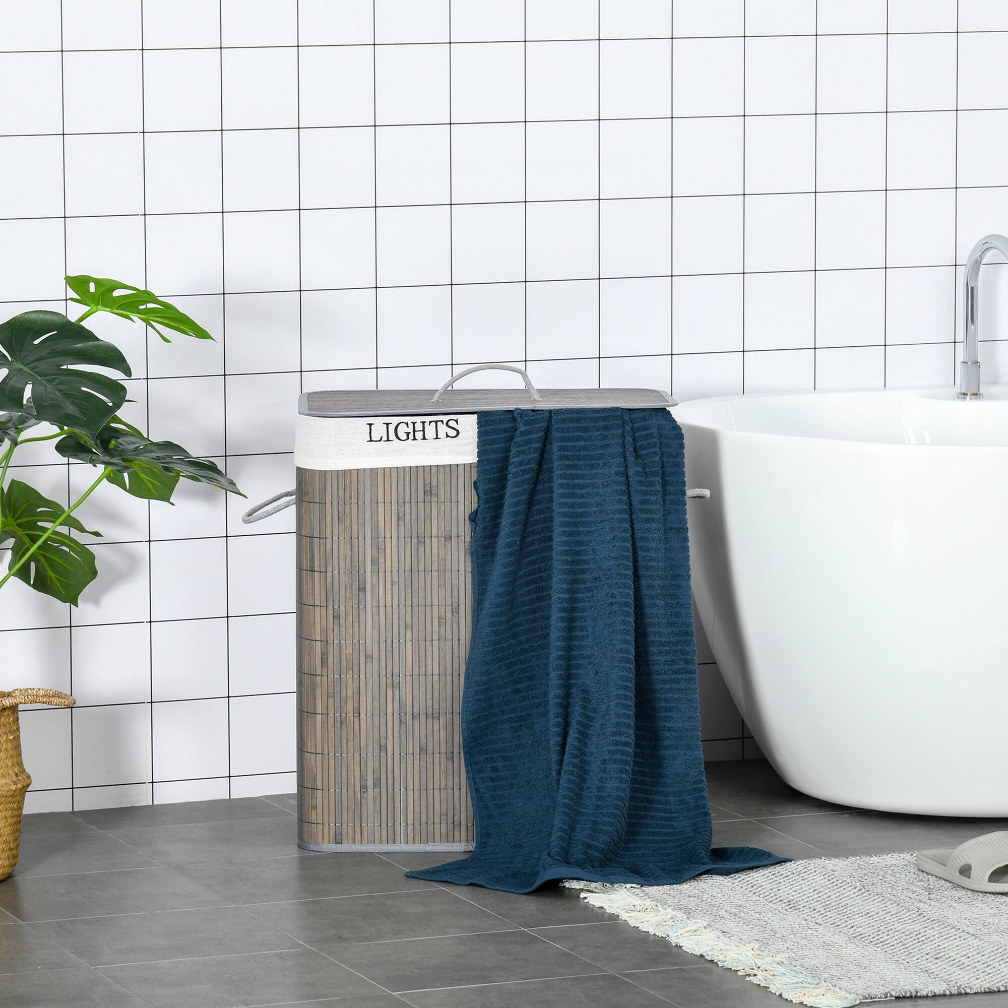 Alt View 8. Homcom - Laundry Hamper with Lid, Bamboo Foldable Laundry Basket 2 Section with 2 Removable Bags, 2 x 13.2 Gallons (50L) - Grey.